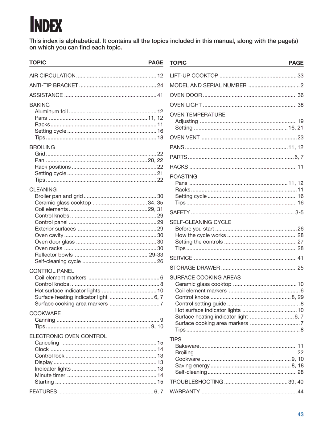 Whirlpool RF376PXE, RF375PXE manual Index, Topic 