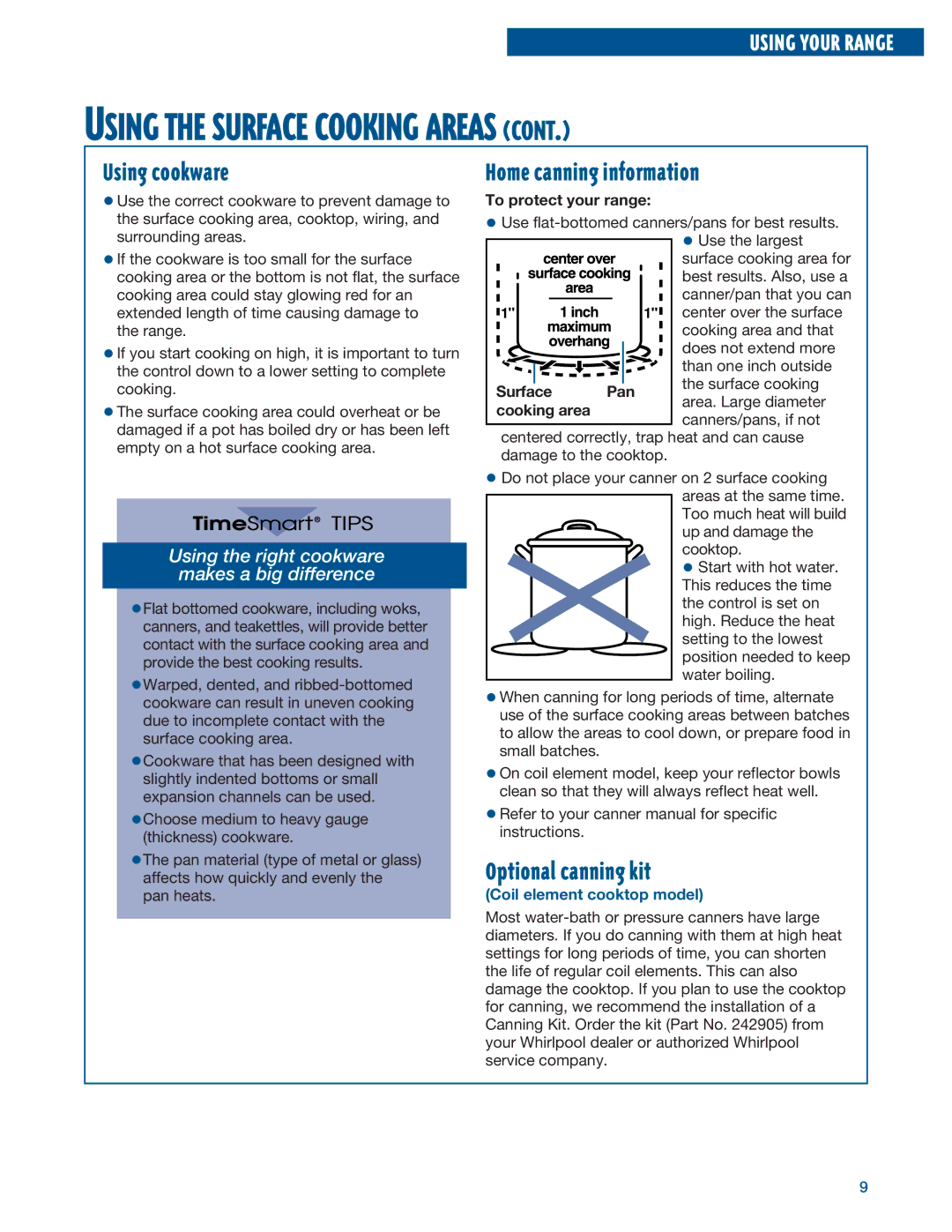 Whirlpool RF376PXE, RF375PXE manual Using cookware, Home canning information, Optional canning kit 