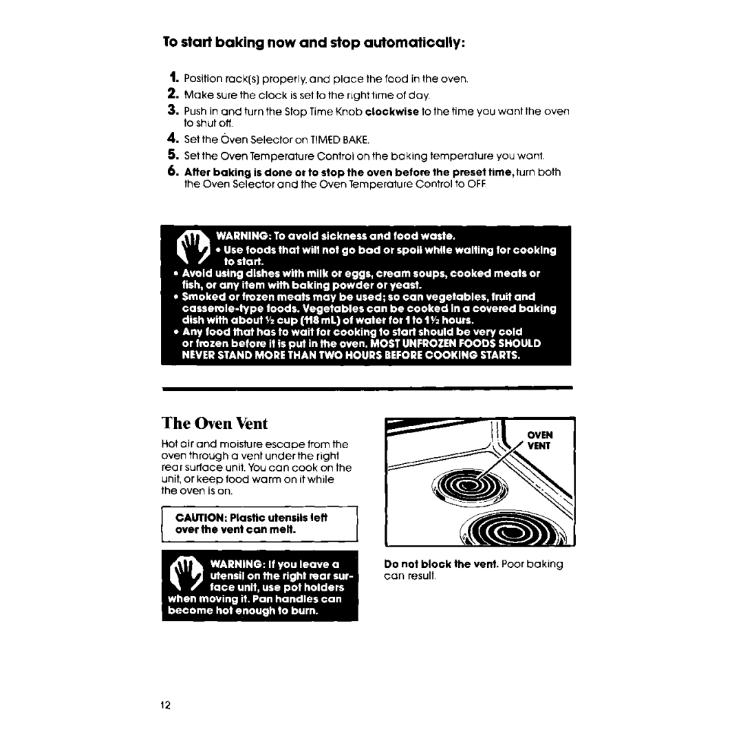 Whirlpool RF375PXP manual Oven Vent, To start baking now and stop automatically 