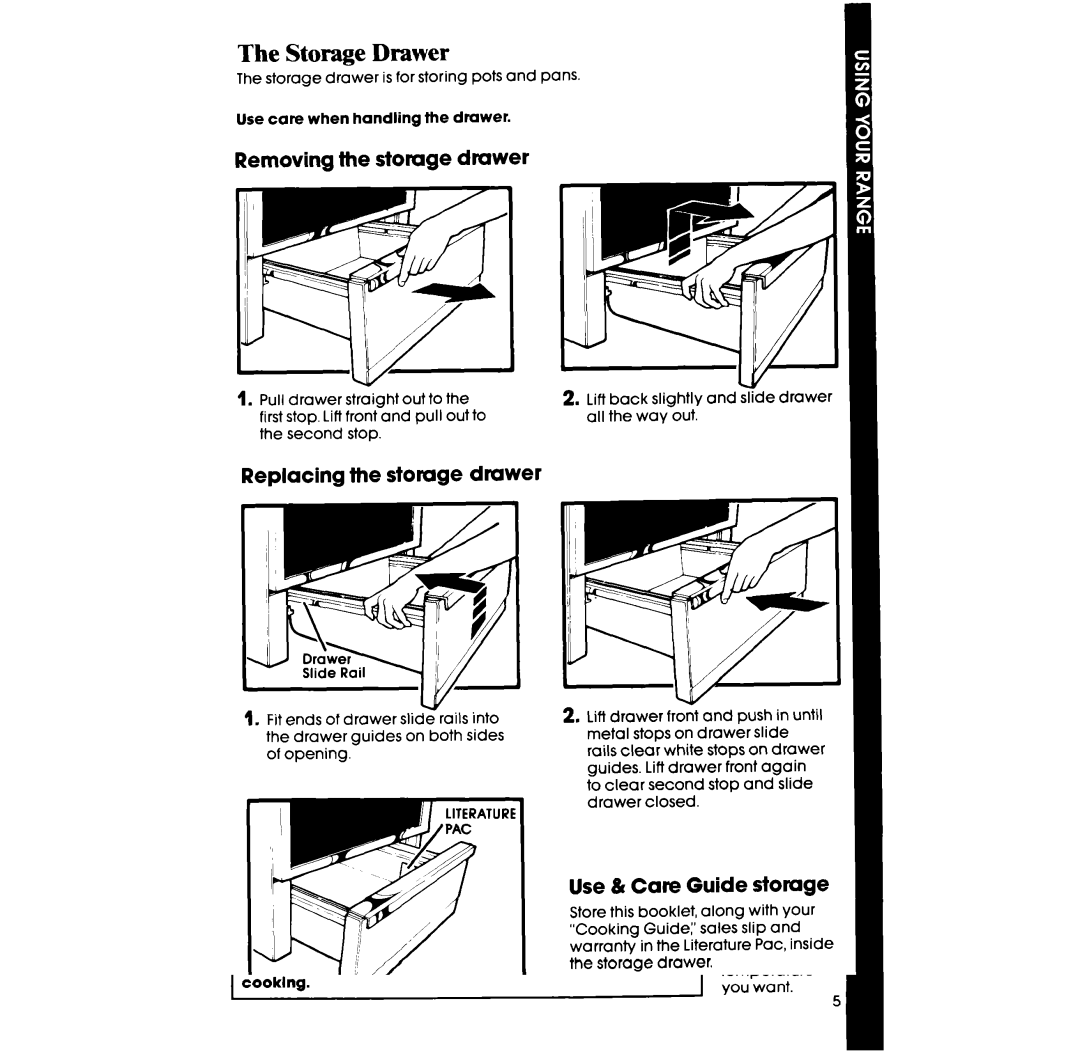 Whirlpool RF375PXP Storage Drawer, Removing the storage drawer, Replacing the storage drawer, Use & Care Guide storage 