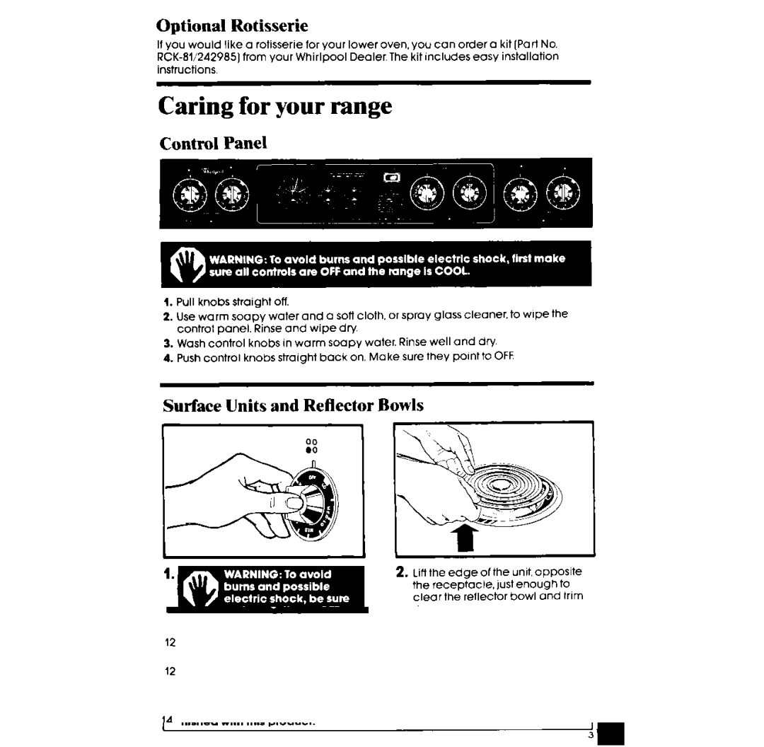 Whirlpool RF375PXP manual Optional Rotisserie, Control Panel, Surface Units and Reflector Bowls 