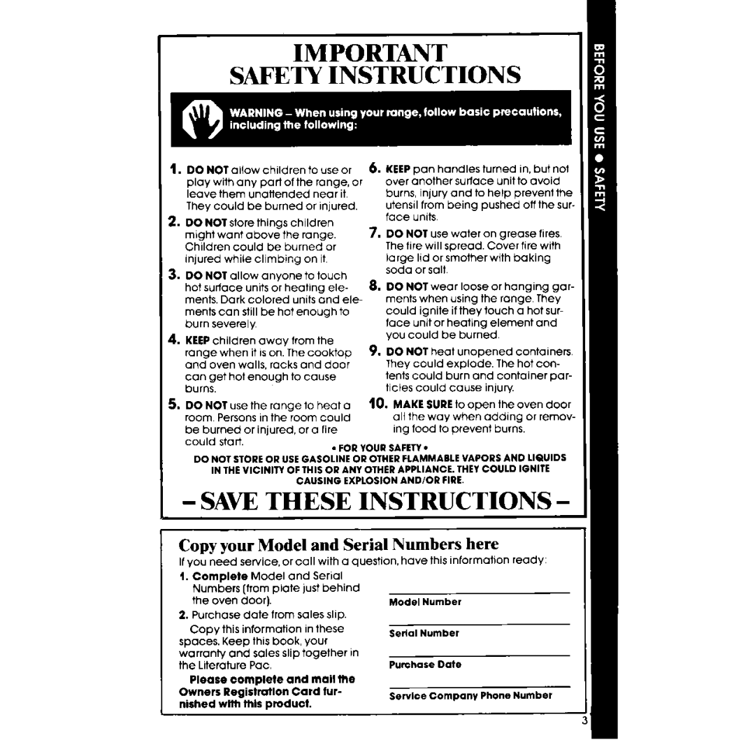 Whirlpool RF375PXP manual Safety Instructions, Copy your Model and Serial Numbers here 