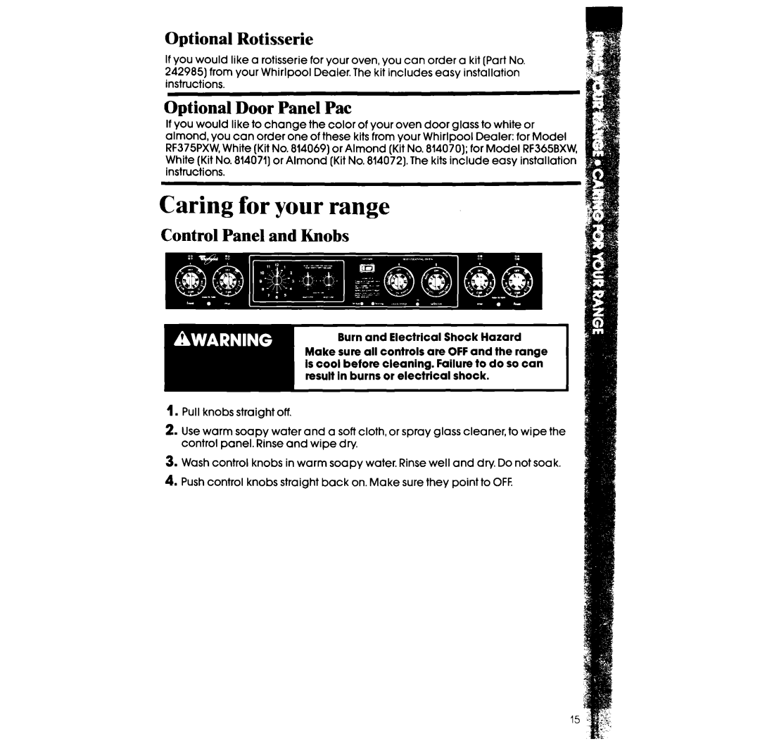 Whirlpool RF365BXW, RF375PXW manual Optional Rotisserie, Optional Door Panel Pat, Control Panel and Knobs 