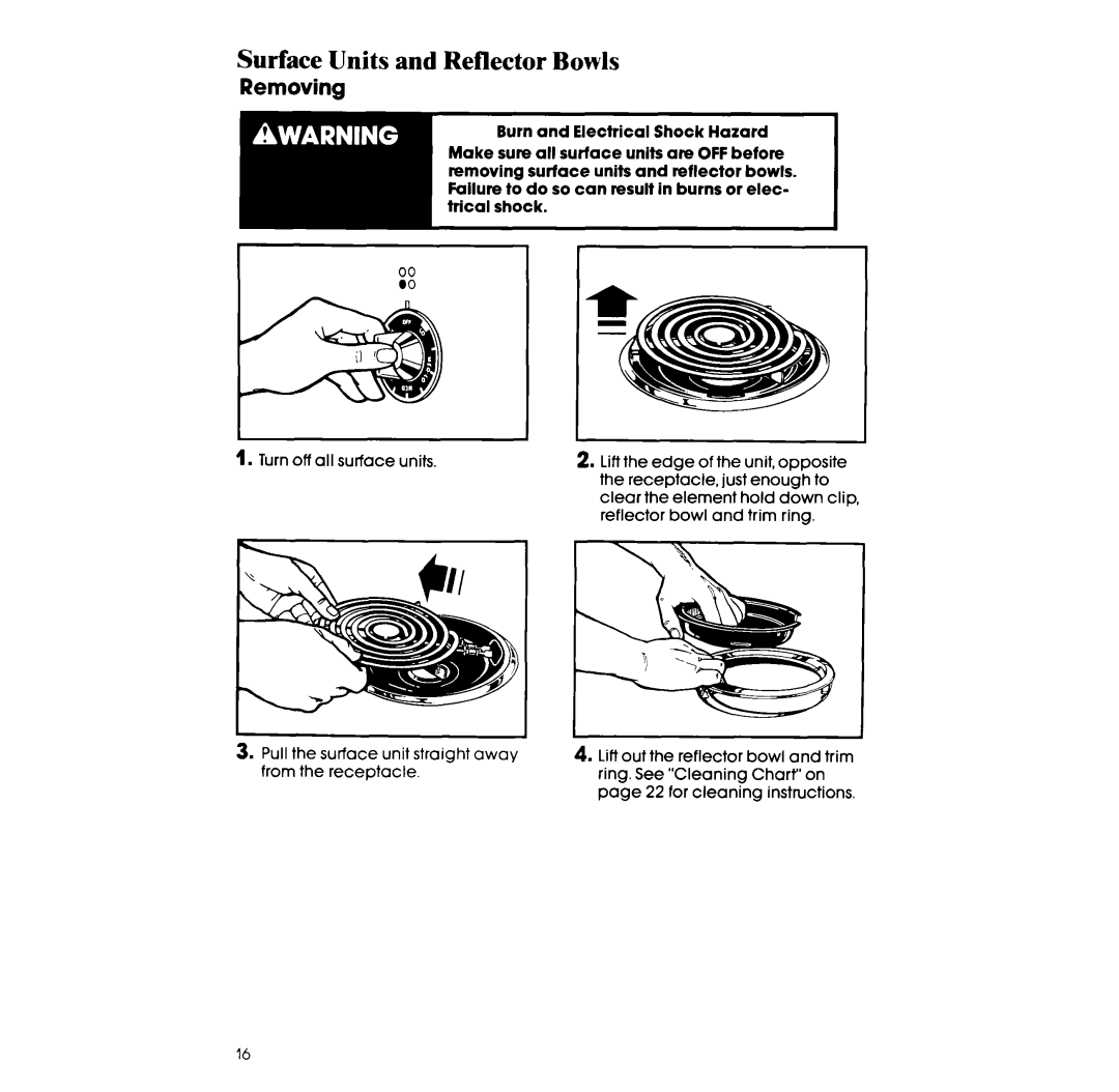 Whirlpool RF375PXW, RF365BXW manual Surface Units and Reflector Bowls, Removing 