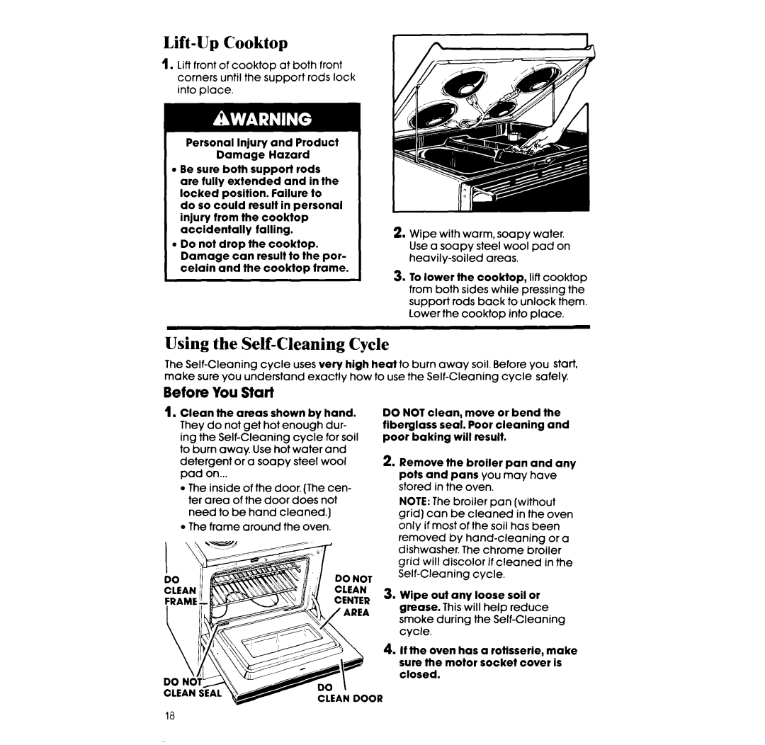 Whirlpool RF375PXW, RF365BXW manual Lift-Up Cooktop, Using the Self-Cleaning Cycle, Before You Start 