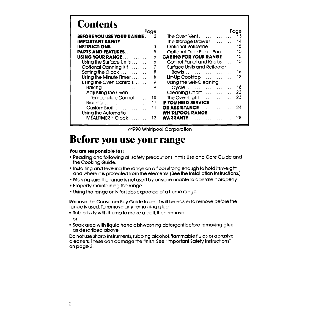Whirlpool RF375PXW, RF365BXW manual Contents, Before you use your range 