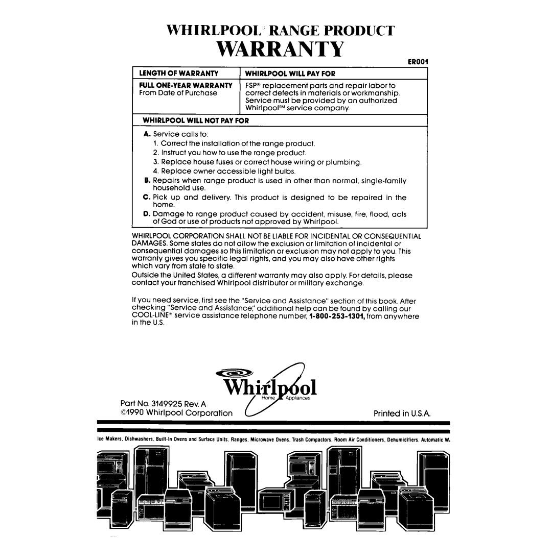 Whirlpool RF375PXW, RF365BXW manual Whirlpool’ Range Product, Part No. 3149925 Rev. A, Whirlpool Corporation 