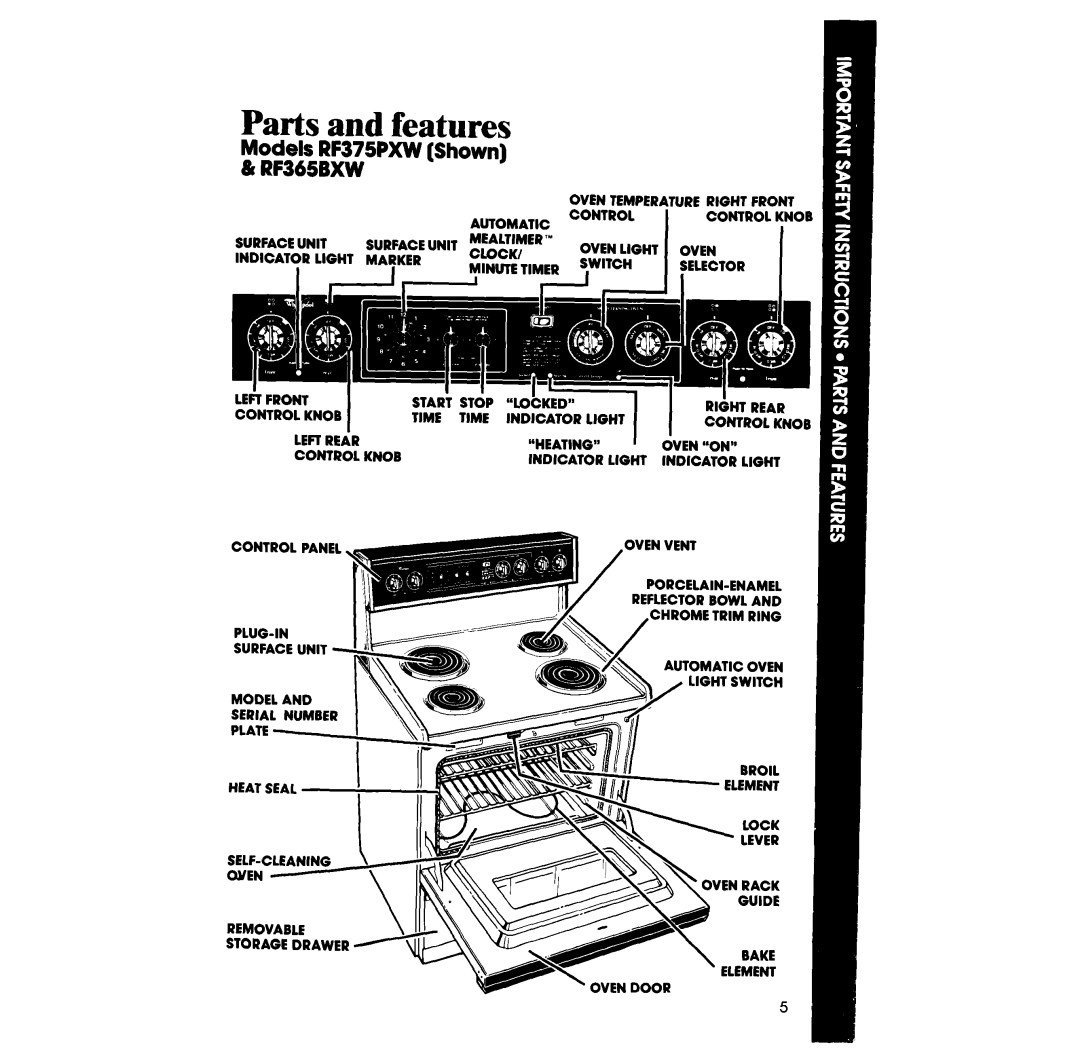 Whirlpool manual Parts and features, Models RF375PXW Shown & RF365BXW 