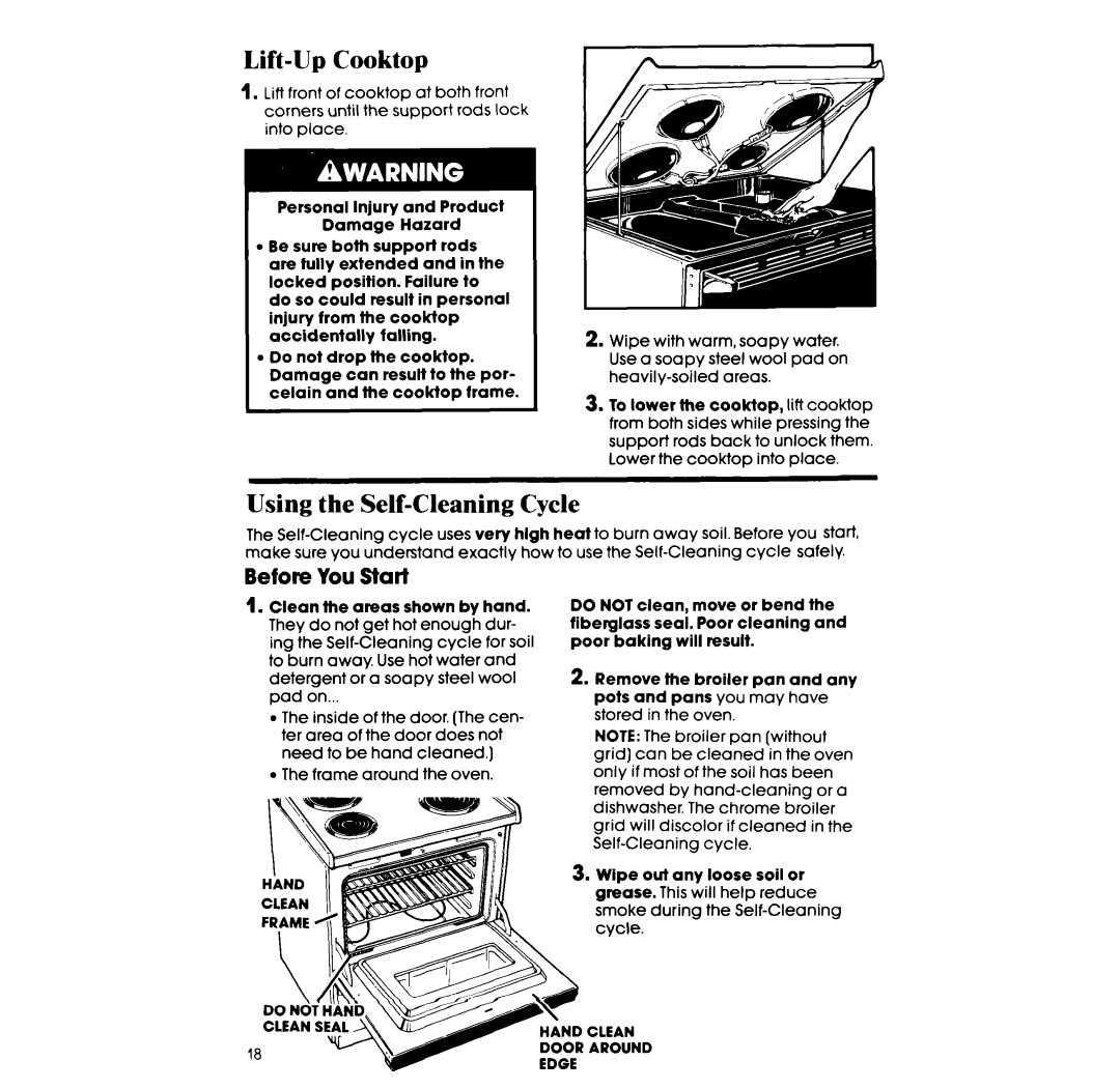 Whirlpool RF375PXX, RF36lPX.X, RF365PXX manual Lift-Up Cooktop, Using the Self-Cleaning Cycle, Before You Start 