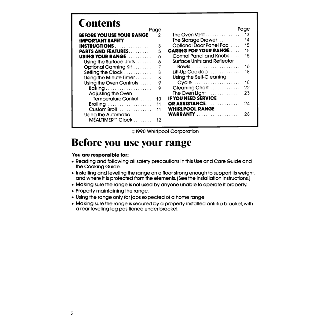 Whirlpool RF365PXX, RF375PXX, RF36lPX.X manual Contents 