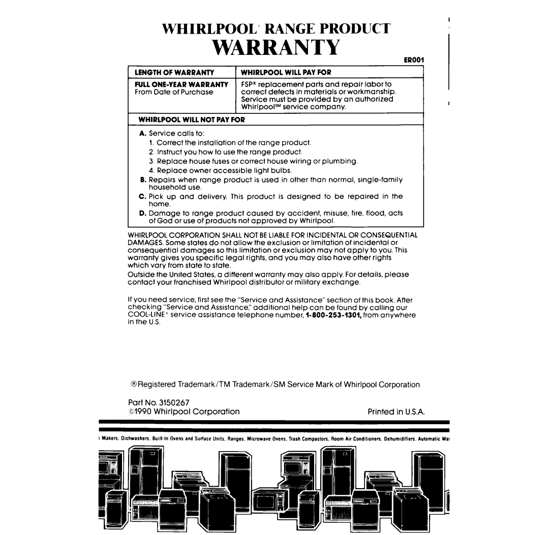 Whirlpool RF36lPX.X, RF375PXX, RF365PXX manual Warranty 