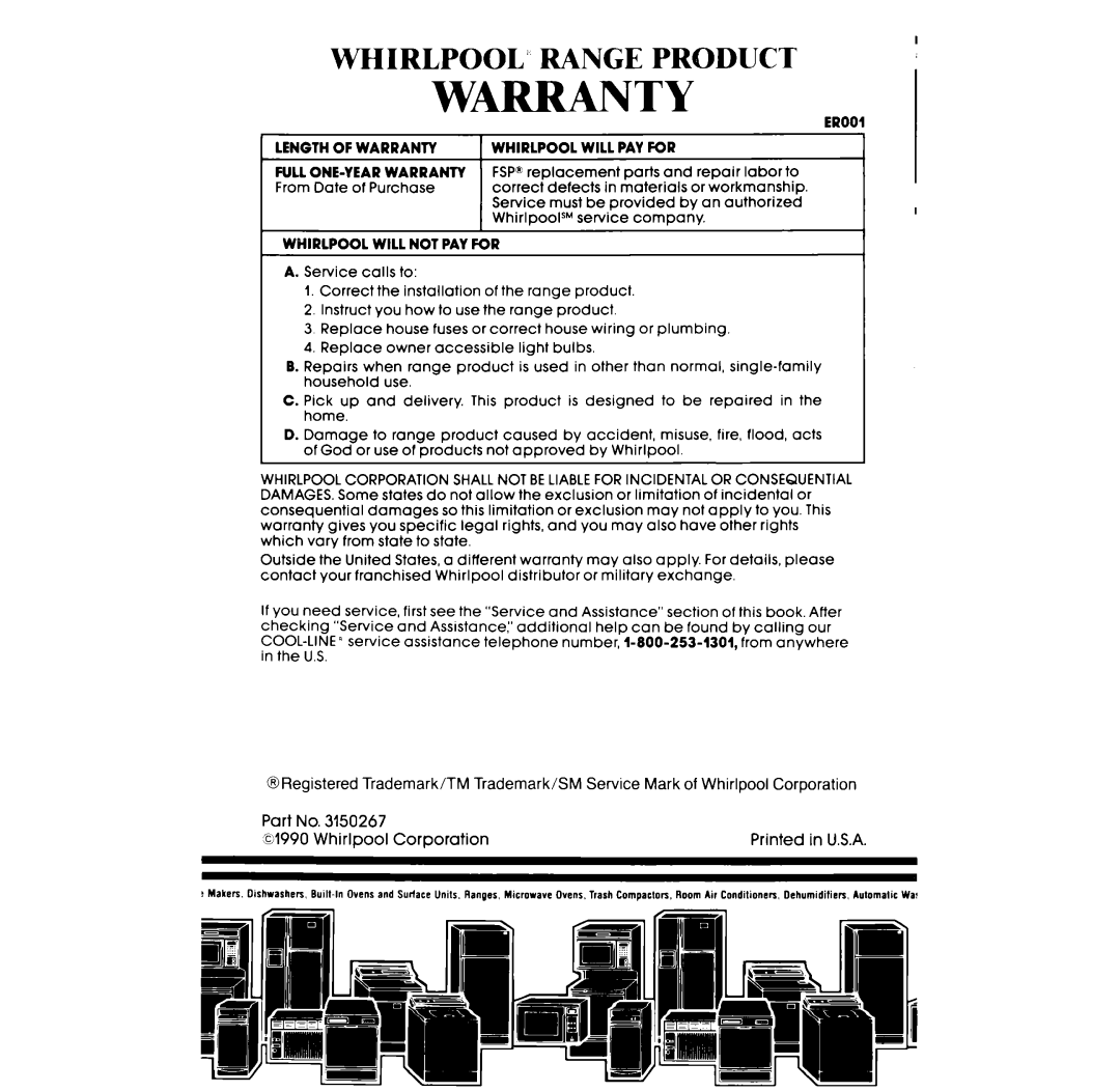Whirlpool RF36lPX.X, RF375PXX, RF365PXX manual Warranty, Whirlpool’ Range Product 