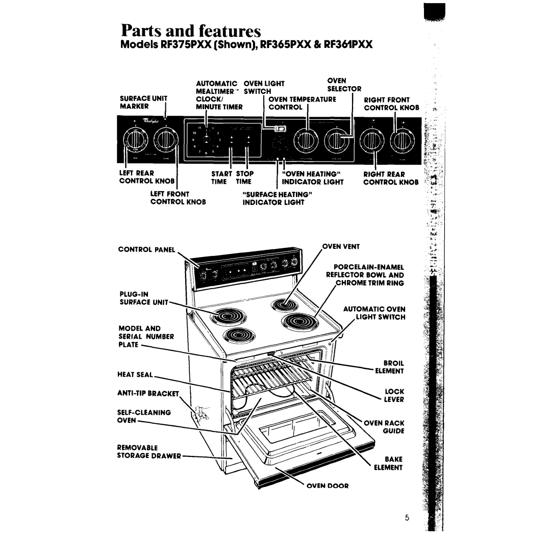Whirlpool manual Parts and features, Models RF375PXX Shown, RF365PXX & RF36lPX.X 