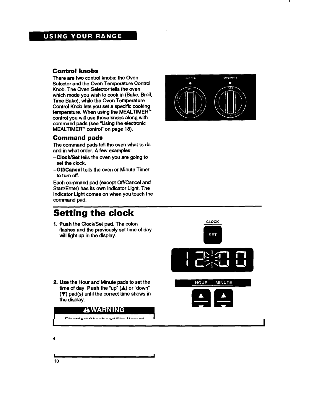 Whirlpool RF375PXY, RF375PCY, RF362BXB Setting the clock, Control knobs, Command pads, Push the Clock/Set pad. The colon 