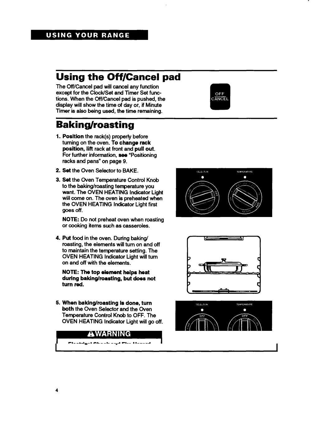 Whirlpool RF362BXB, RF375PXY, RF375PCY manual Using the Off/Cancel pad, Baking/roasting 