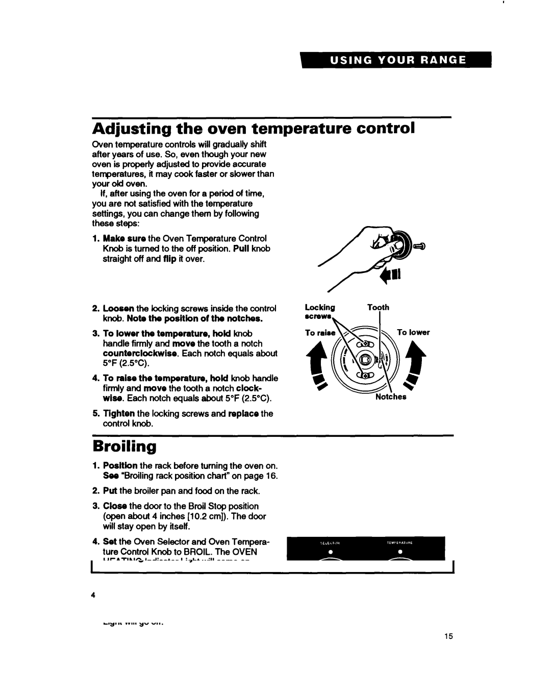 Whirlpool RF375PXY, RF375PCY, RF362BXB manual Adjusting the oven temperature control, Broiling 