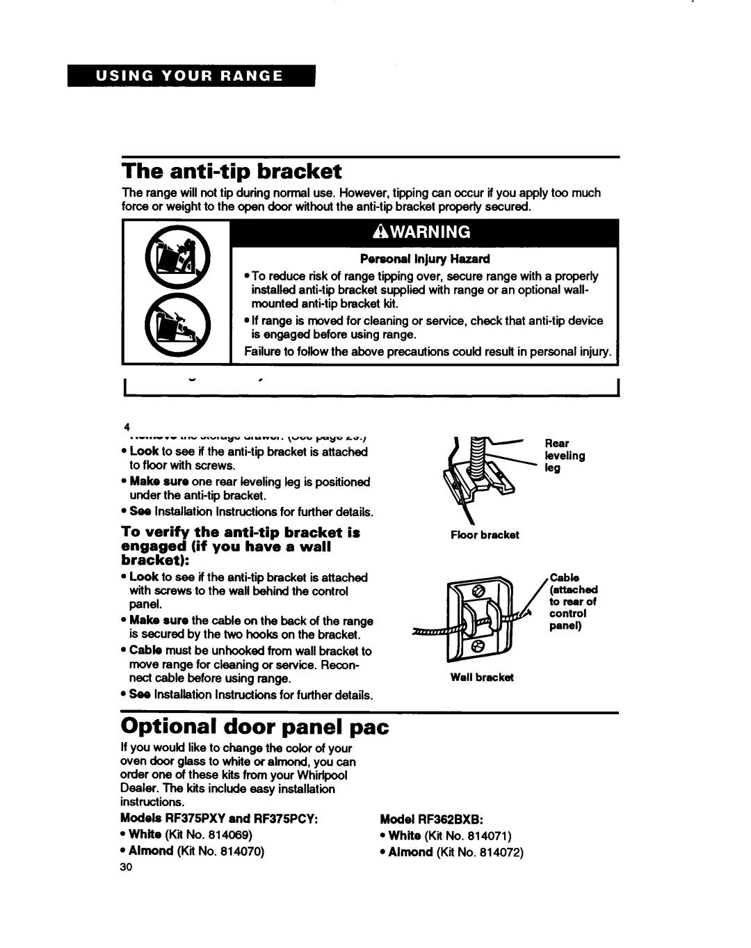 Whirlpool RF375PXY, RF375PCY, RF362BXB manual Anti-tip bracket, Optional door panel pat, Leg 