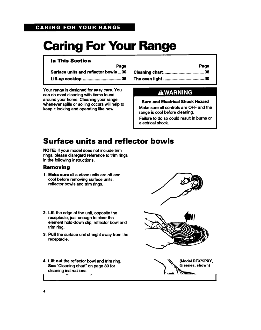 Whirlpool RF375PXY, RF375PCY, RF362BXB Caring For Your Range, Surface units and reflector bowls, Removing, Lift-up cooktop 