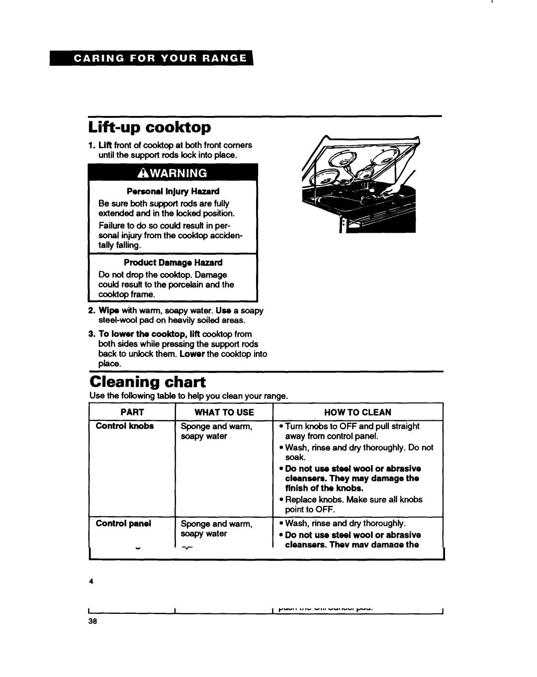 Whirlpool RF362BXB, RF375PXY, RF375PCY manual Lift-up cooktop, Cleaning chart, Part, HOW to Clean 