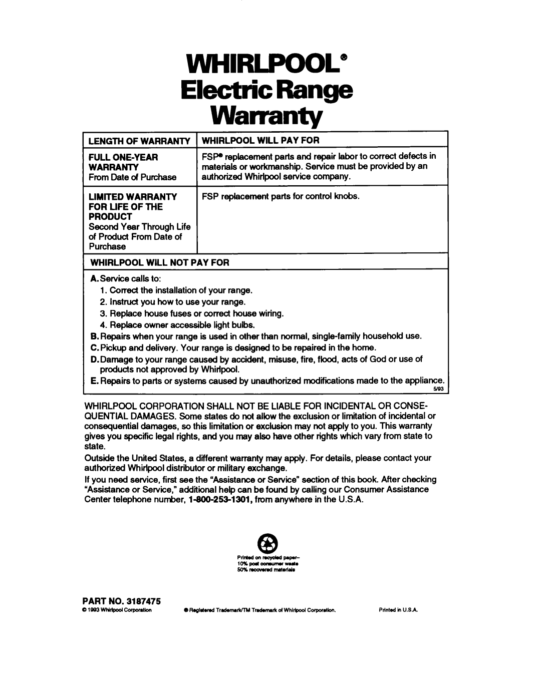 Whirlpool RF362BXB, RF375PXY, RF375PCY Electric Range Warranty, Length of Warranty Full ONE-YEAR Warranty, For Life Product 