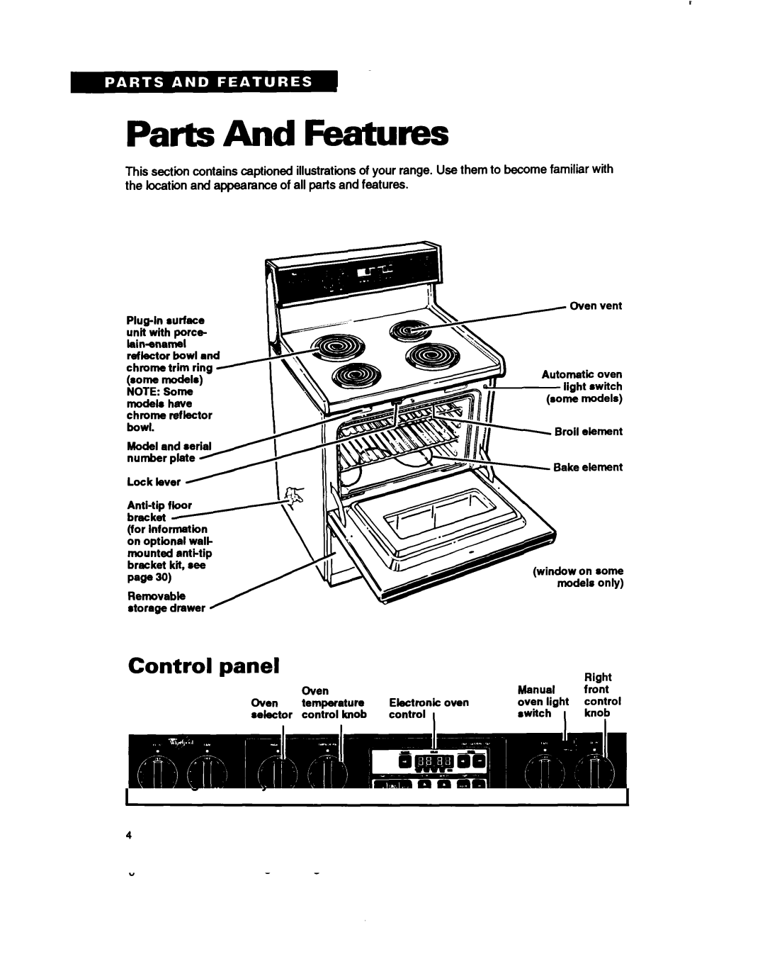 Whirlpool RF375PXY, RF375PCY, RF362BXB manual Parts And Features, Control Panel 