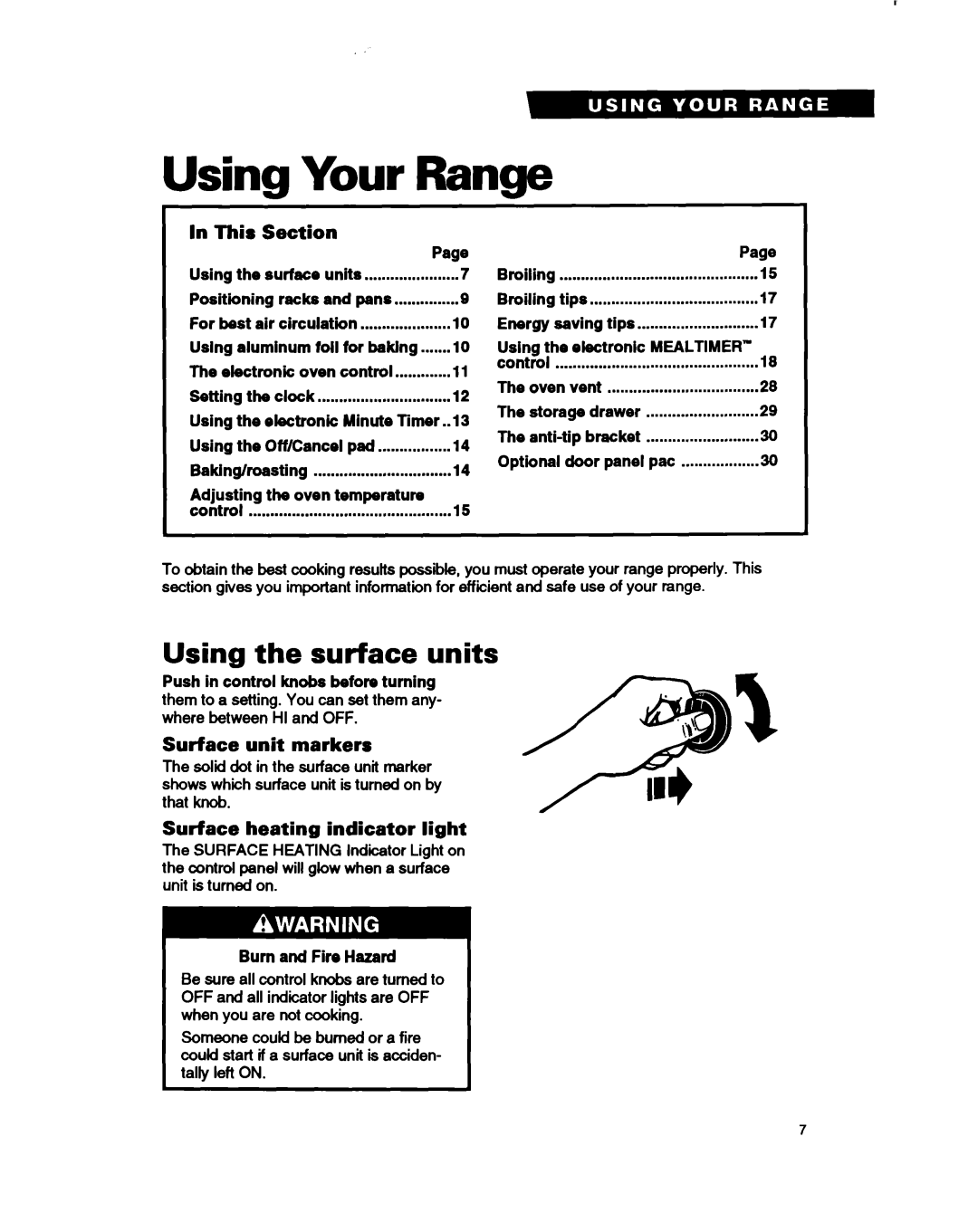 Whirlpool RF375PCY, RF375PXY, RF362BXB manual Using Your Range, Using the surface units, This Section, Surface unit markers 