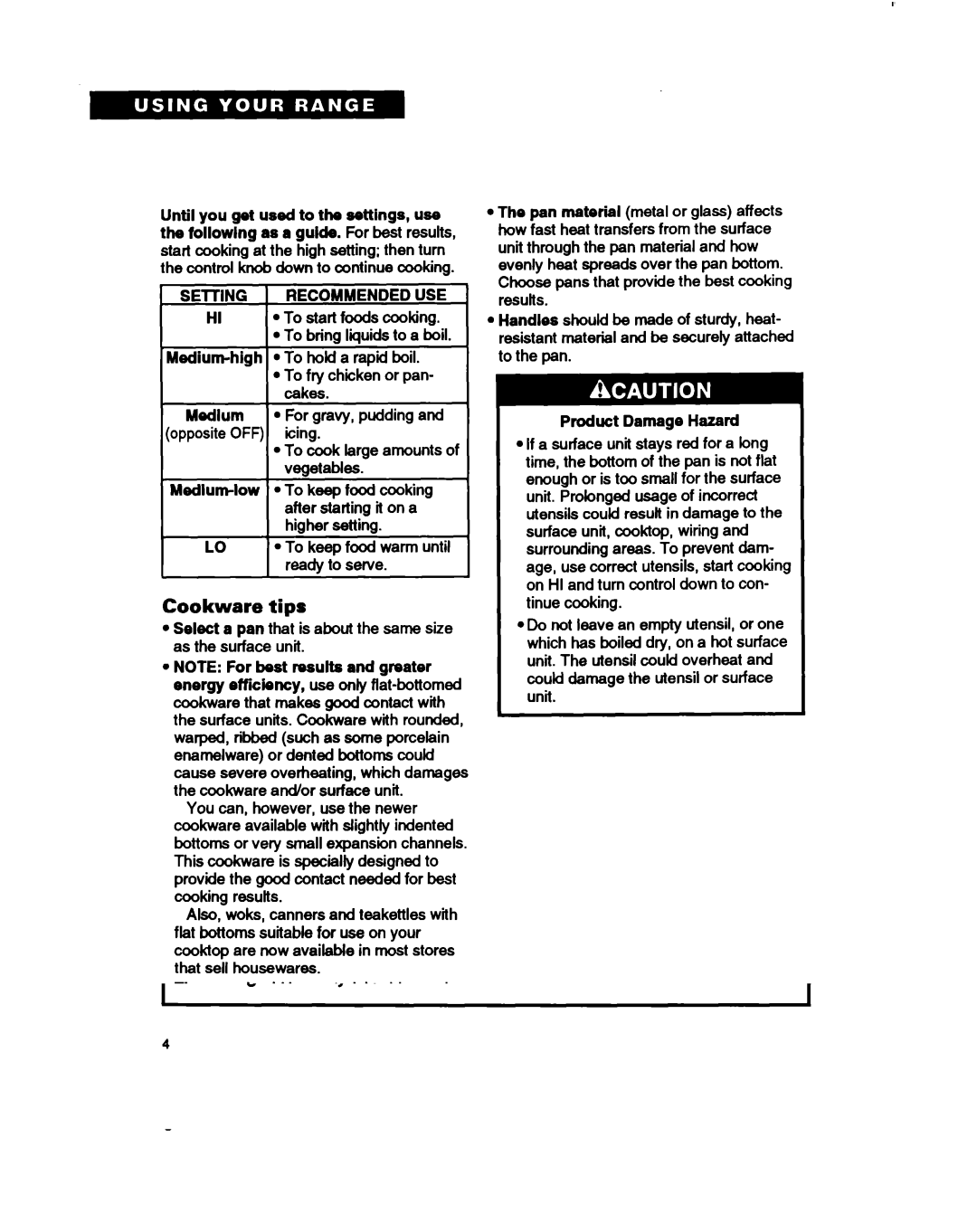 Whirlpool RF362BXB, RF375PXY, RF375PCY manual Cookware tips, Select a pan that is about the same size as the surface unit 