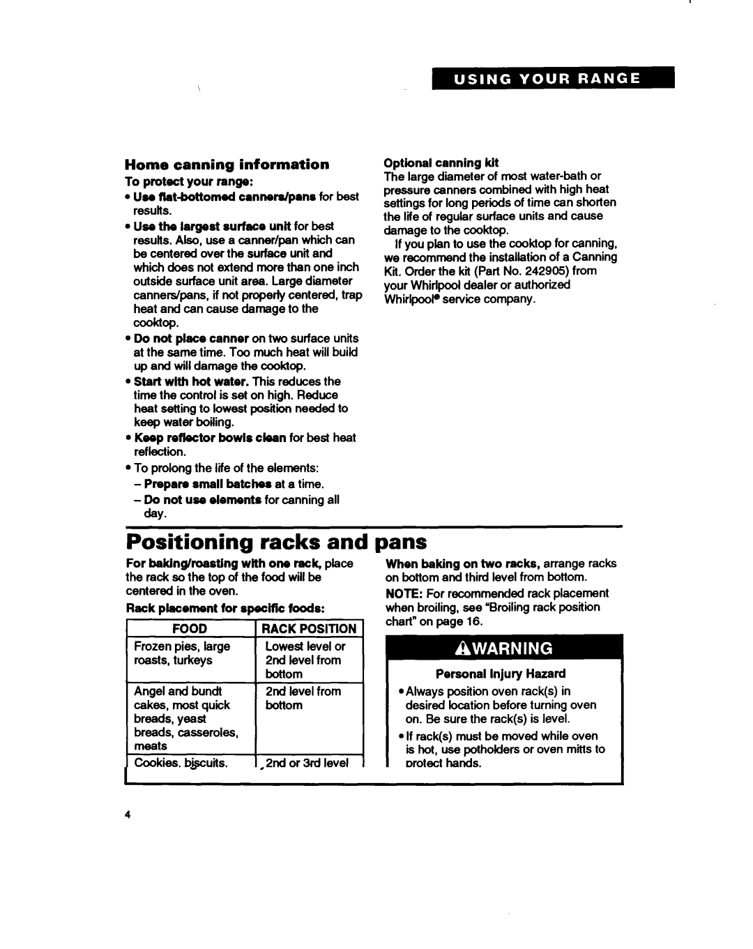 Whirlpool RF375PXY Positioning racks, Pans, Home canning information, Food, Muffins, cakes From bottom Nonfrozen pies 