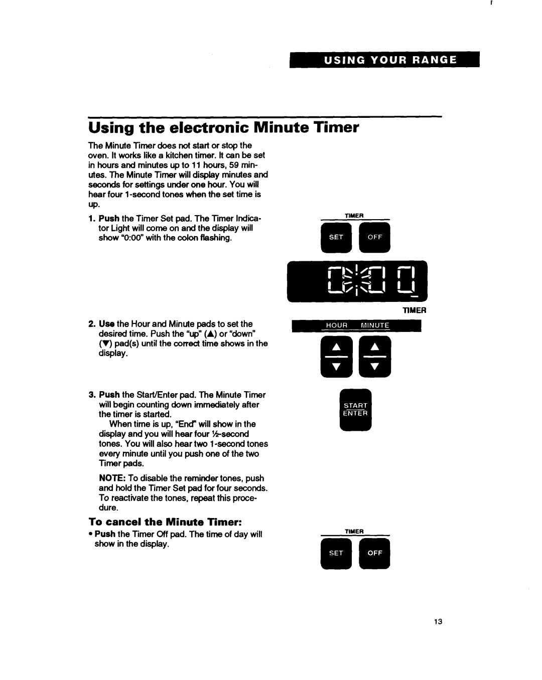 Whirlpool RF375PCY, RF375PXY, RF362BXB manual Using the electronic Minute Timer, To cancel the Minute Timer 