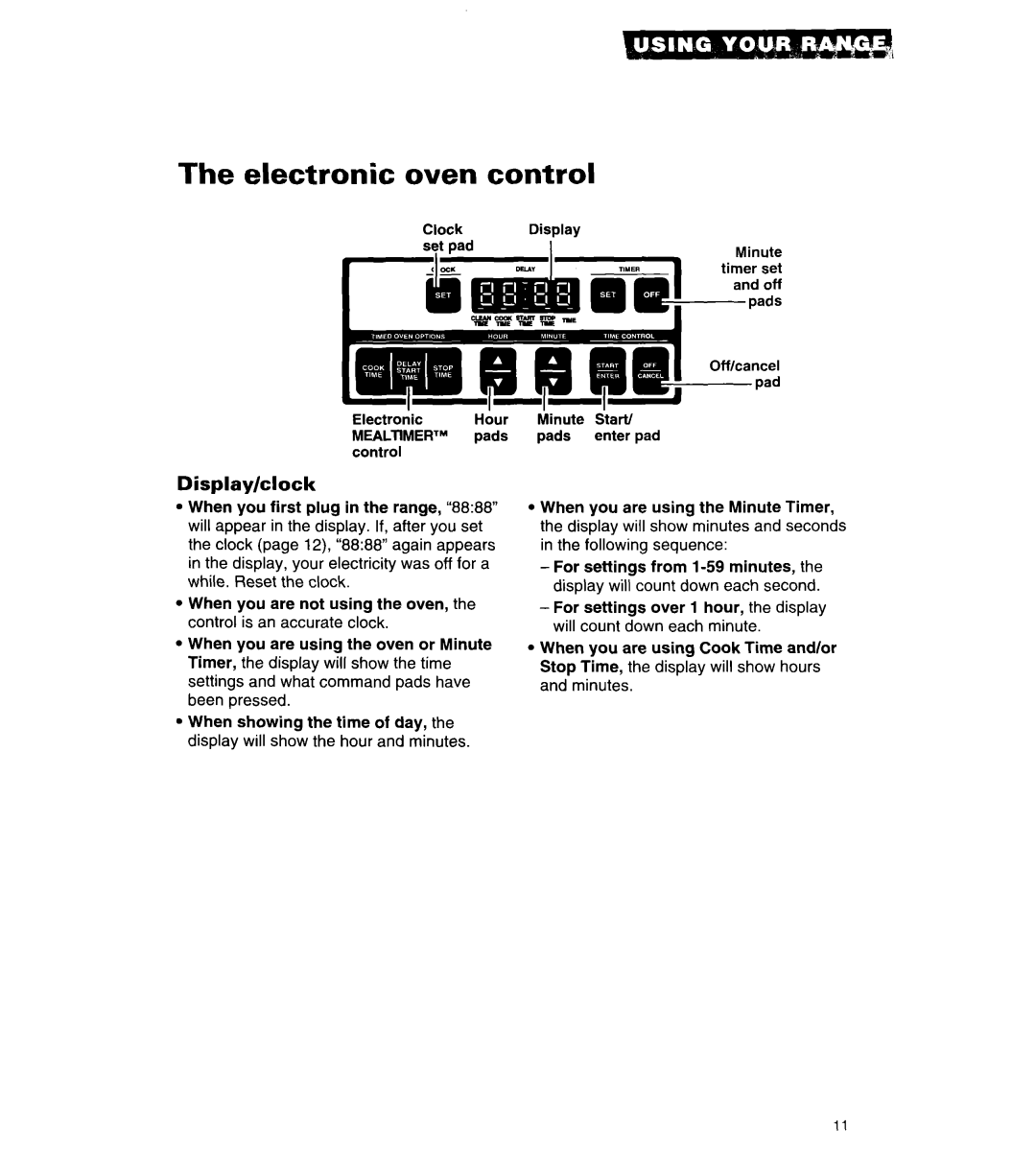 Whirlpool RF376PCY manual Electronic oven control, Display/clock 