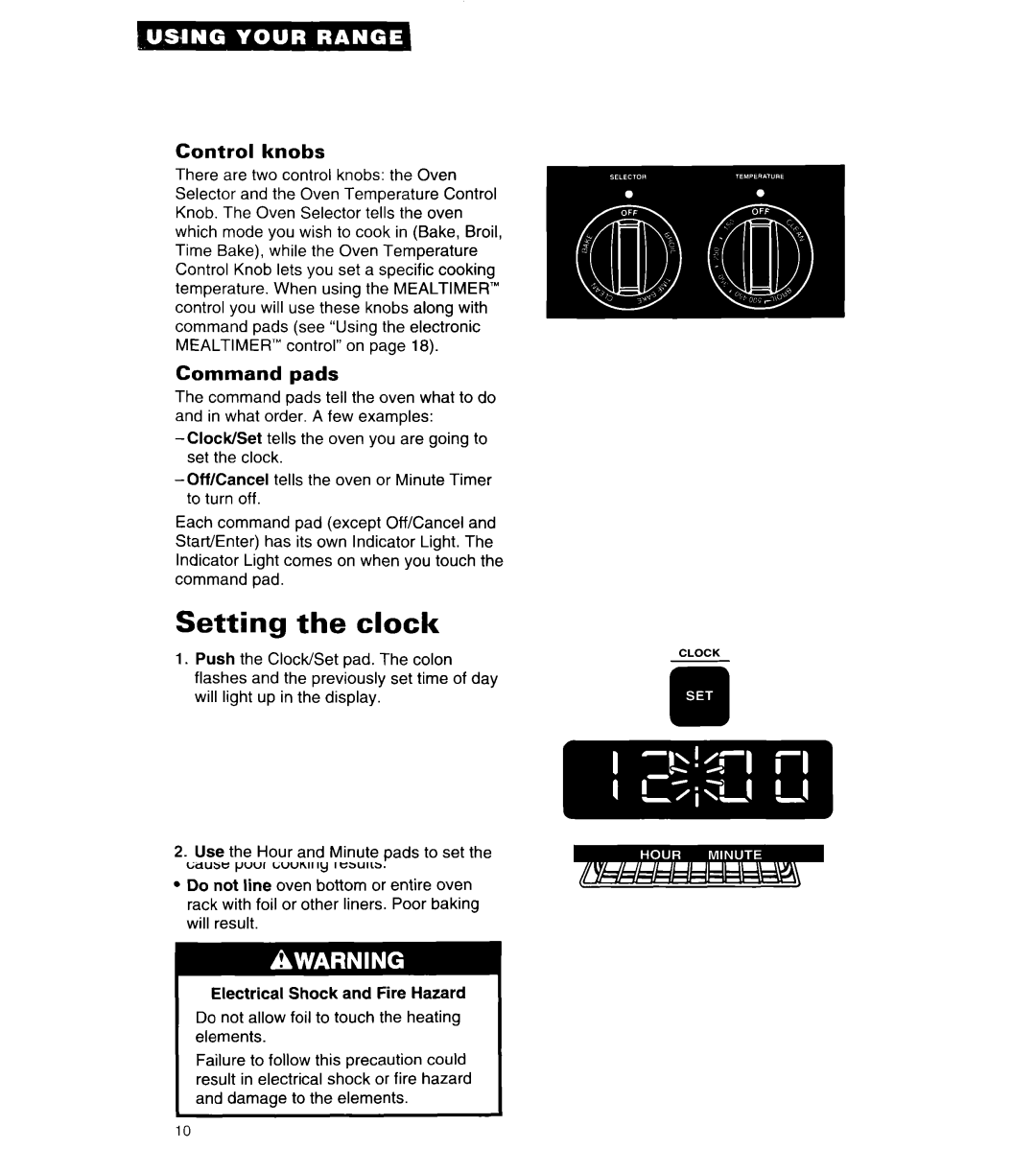 Whirlpool RF376PCY manual Setting the clock, Control knobs, Command pads 