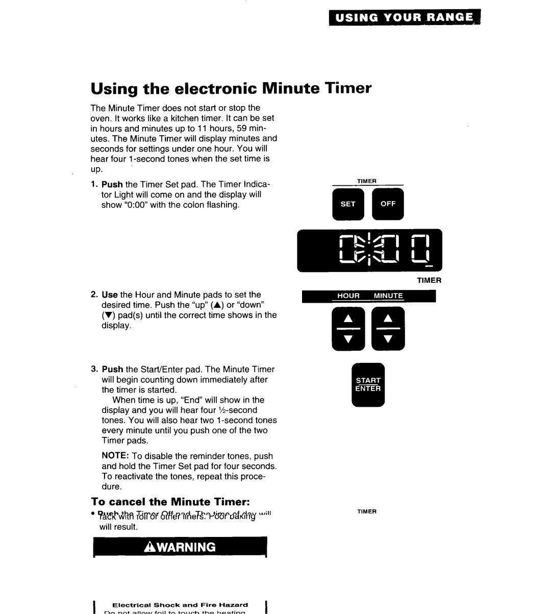 Whirlpool RF376PCY manual Using the electronic Minute, To cancel the Minute Timer 