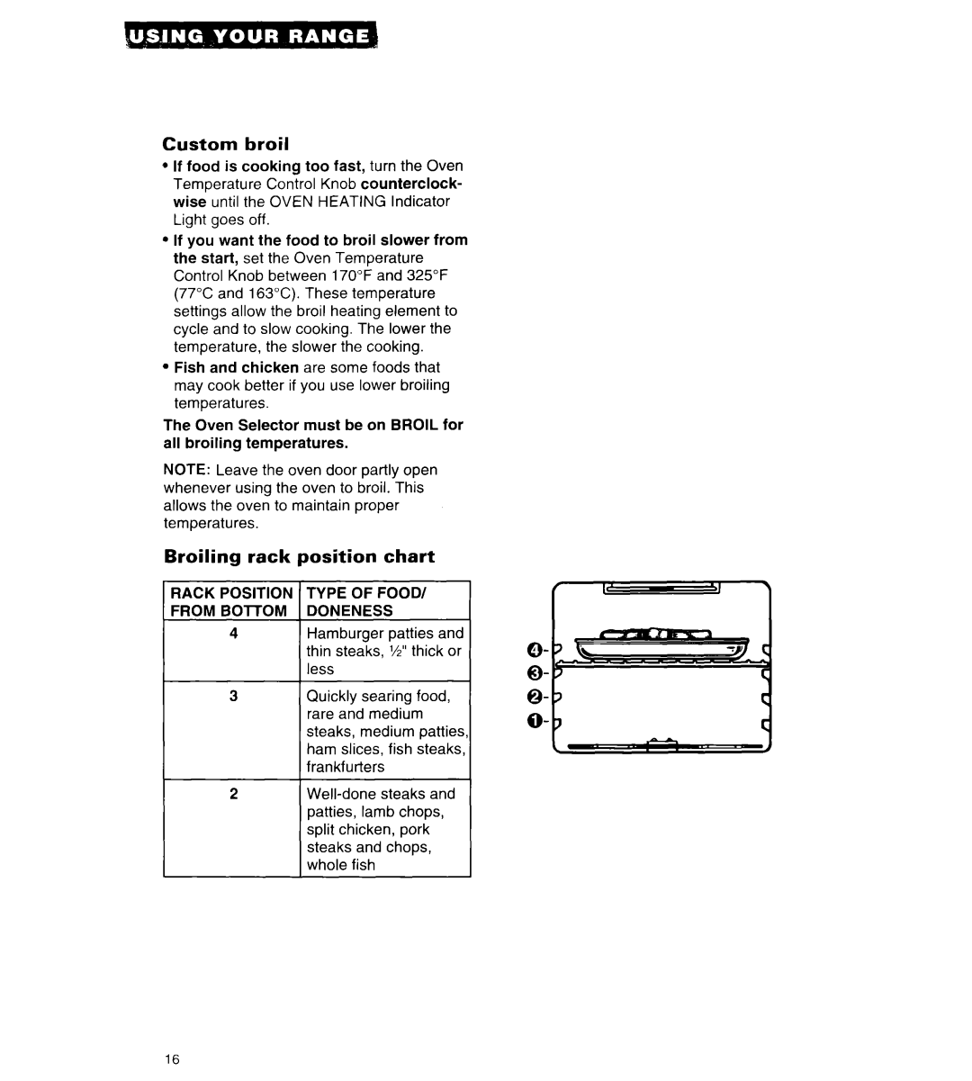 Whirlpool RF376PCY manual Custom broil, Broiling rack position chart 