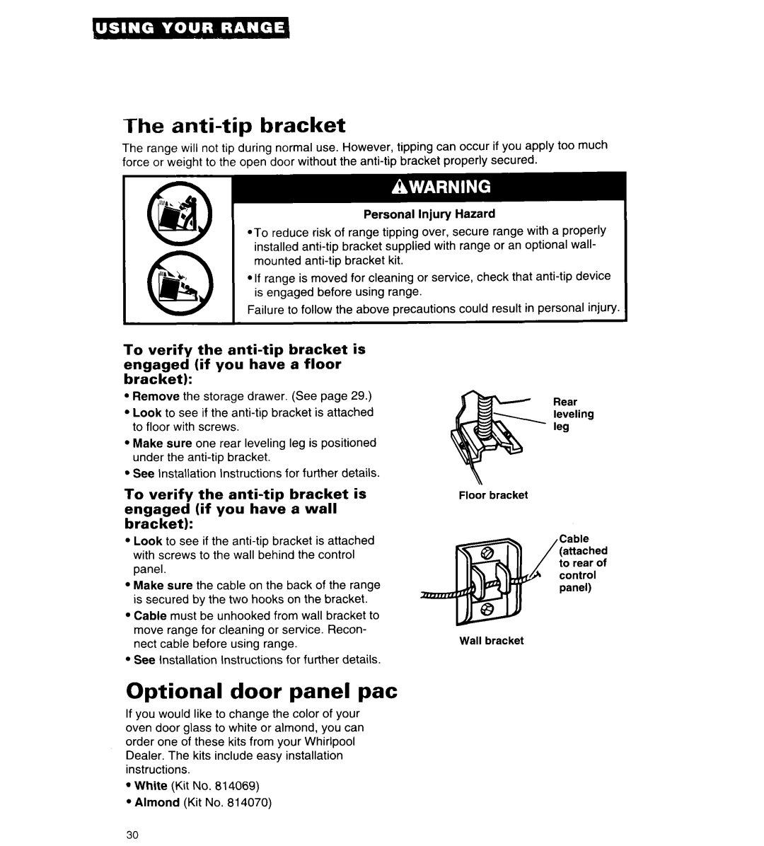 Whirlpool RF376PCY manual Anti-tip bracket, Optional door panel pat 