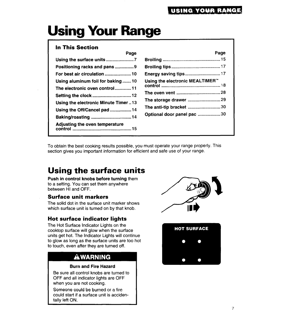 Whirlpool RF376PCY Using Your Range, Using the surface units, This, Surface unit markers, Hot surface indicator lights 