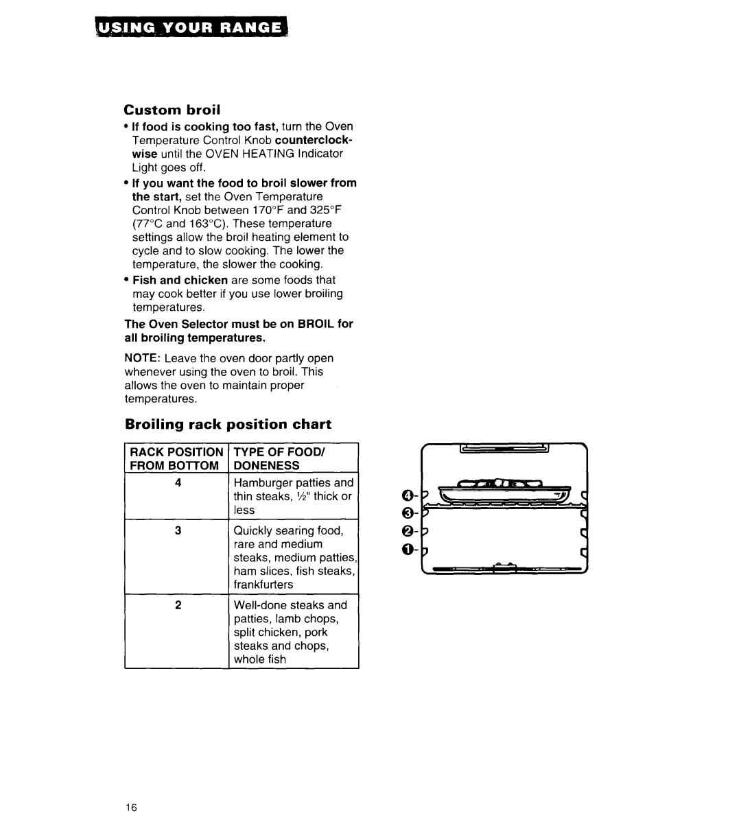 Whirlpool RF376PCY manual Custom broil, Broiling rack position chart Ji 