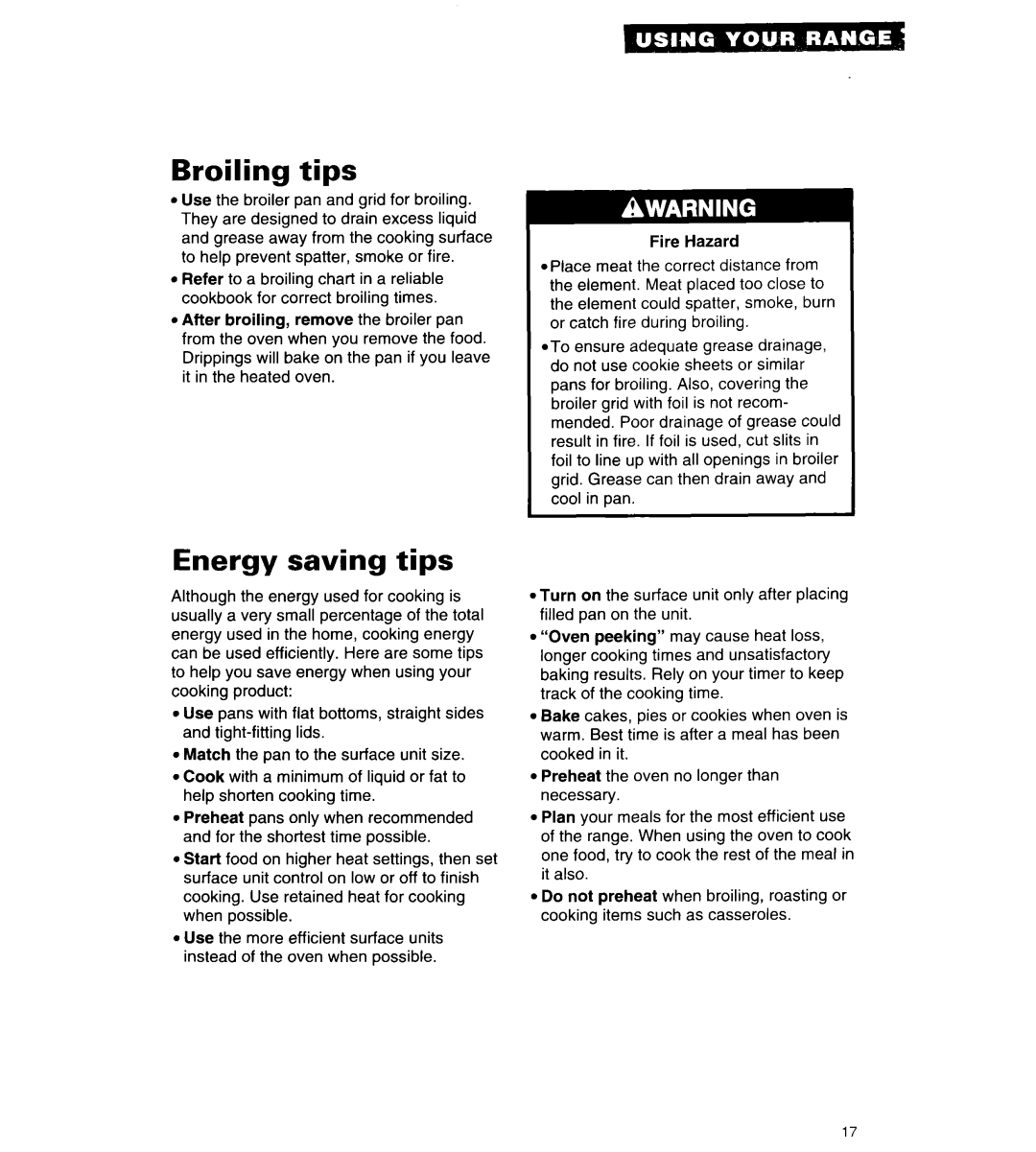 Whirlpool RF376PCY manual Broiling tips, Energy saving tips 