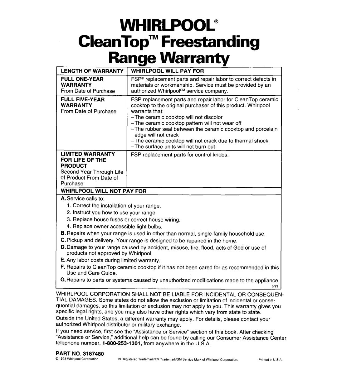 Whirlpool RF376PCY manual WHIRLPOOL@ CleanTop”” Freestanding Range Warranty 