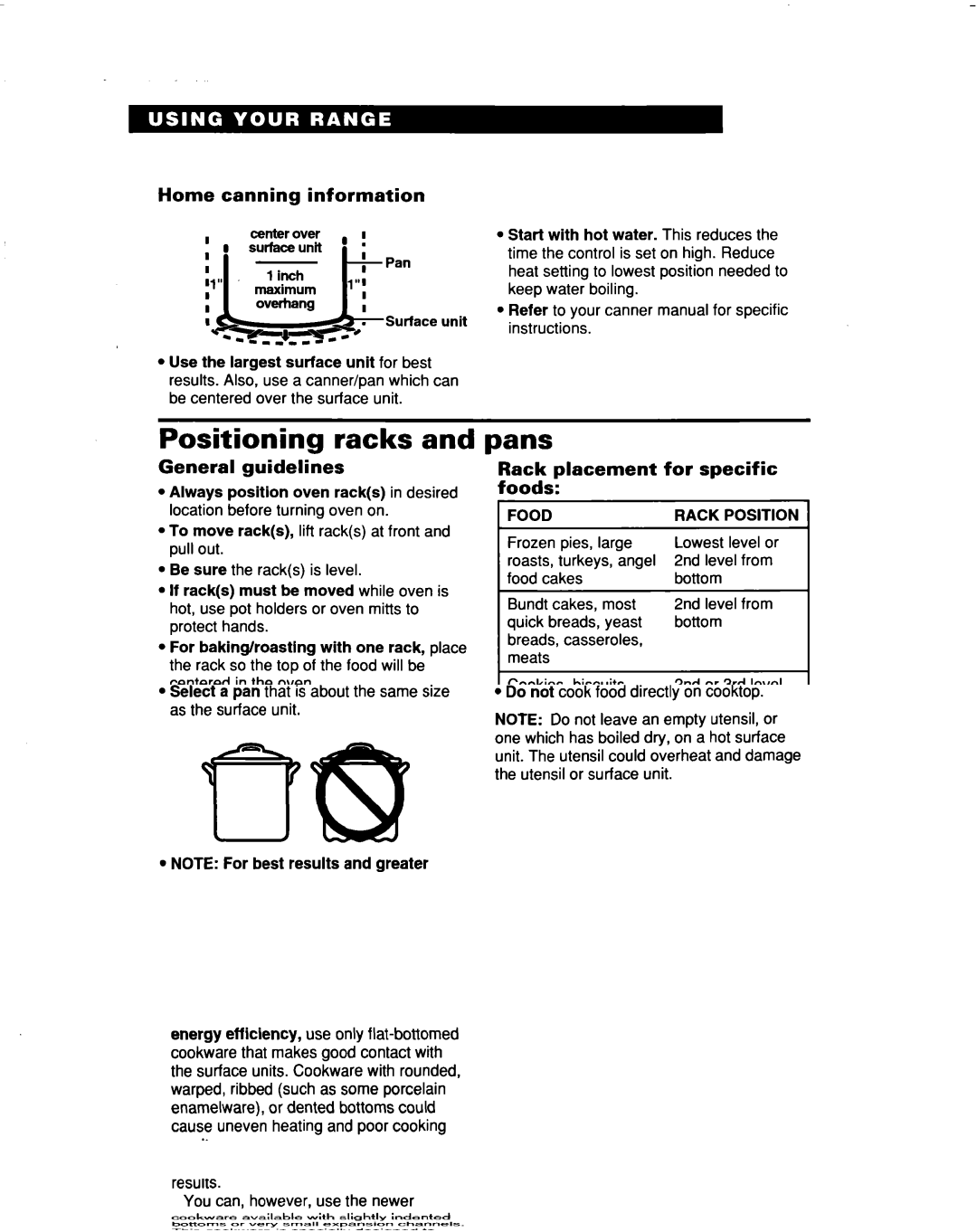 Whirlpool RF376PXD warranty Positioning racks, Pans, Home canning information, General guidelines 