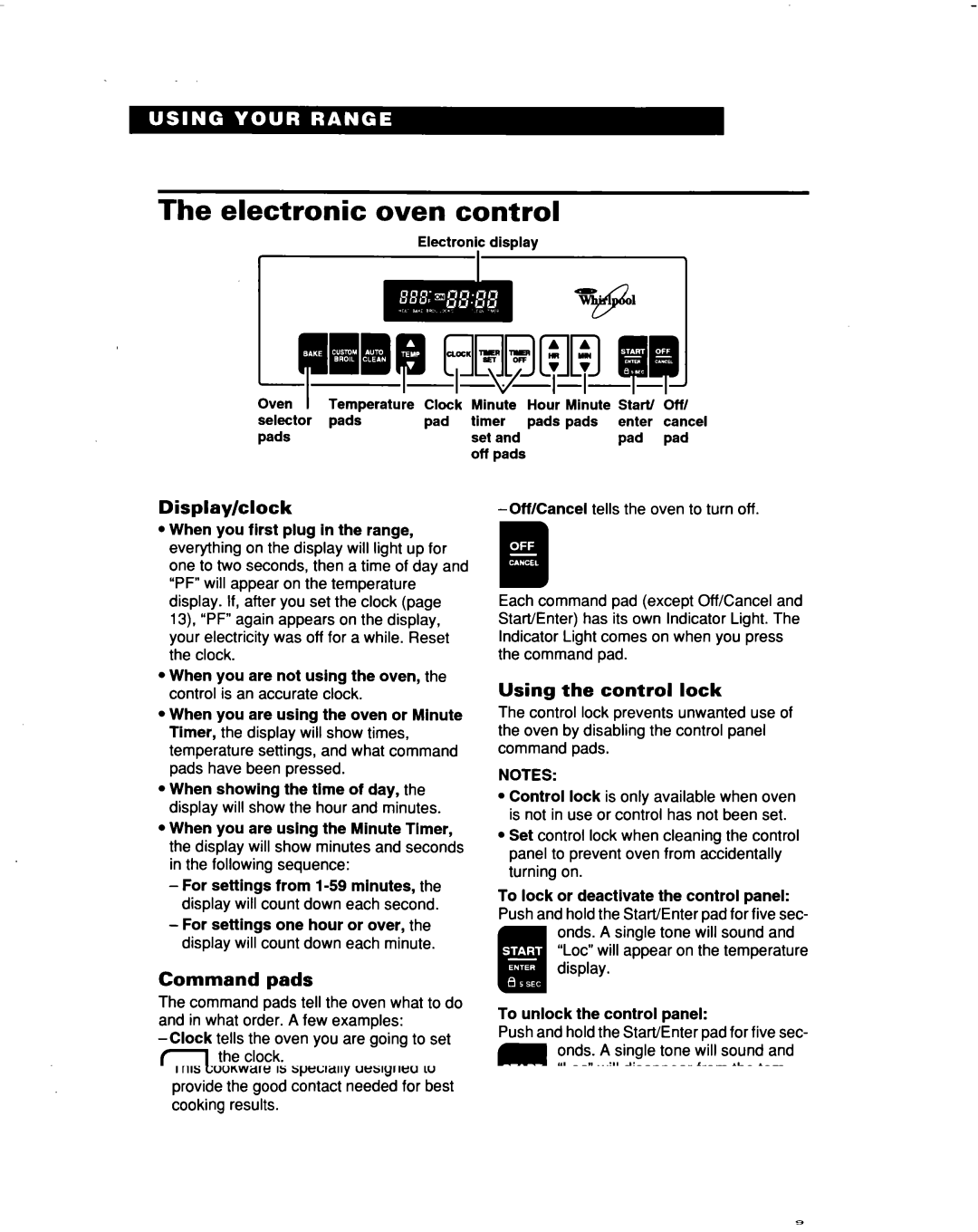 Whirlpool RF376PXD warranty Electronic oven control, Display/clock, Command pads, Using the control lock 