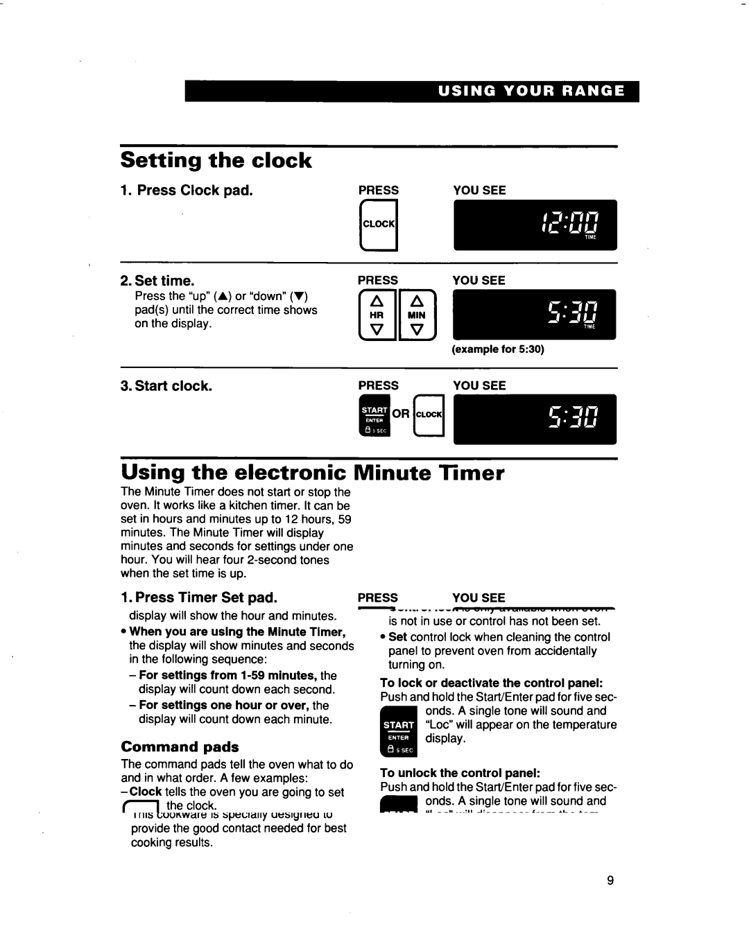 Whirlpool RF376PXD warranty Setting the clock, Using the electronic Minute Timer 