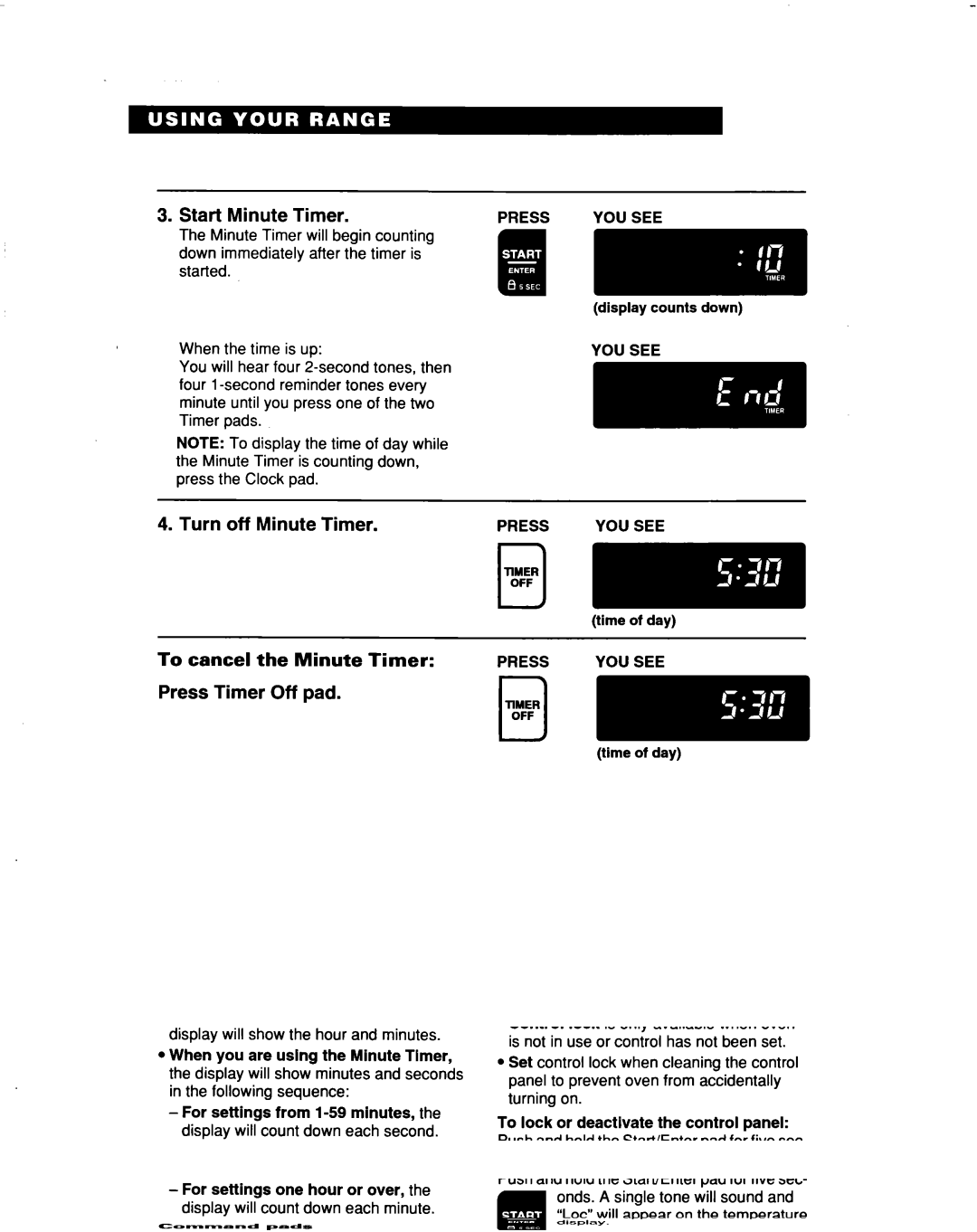 Whirlpool RF376PXD warranty Start Minute Timer 