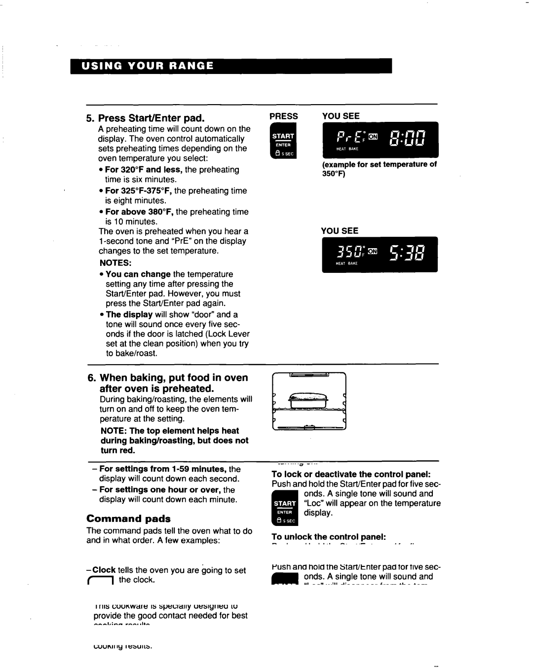 Whirlpool RF376PXD warranty Press Start/Enter Pad, When baking, put food in oven after oven is preheated 