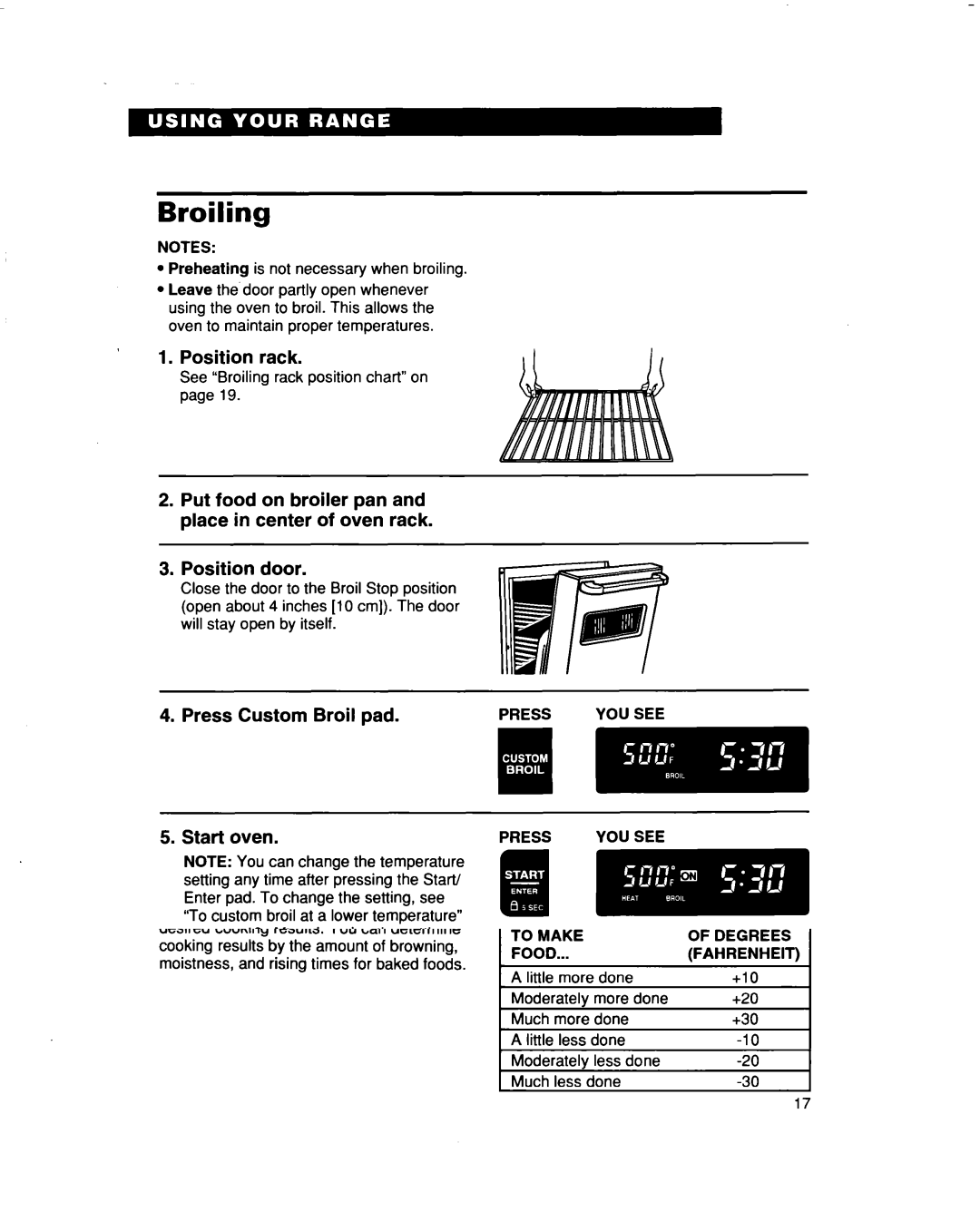 Whirlpool RF376PXD warranty Broiling, Position rack, Press Custom Broil pad Start oven 