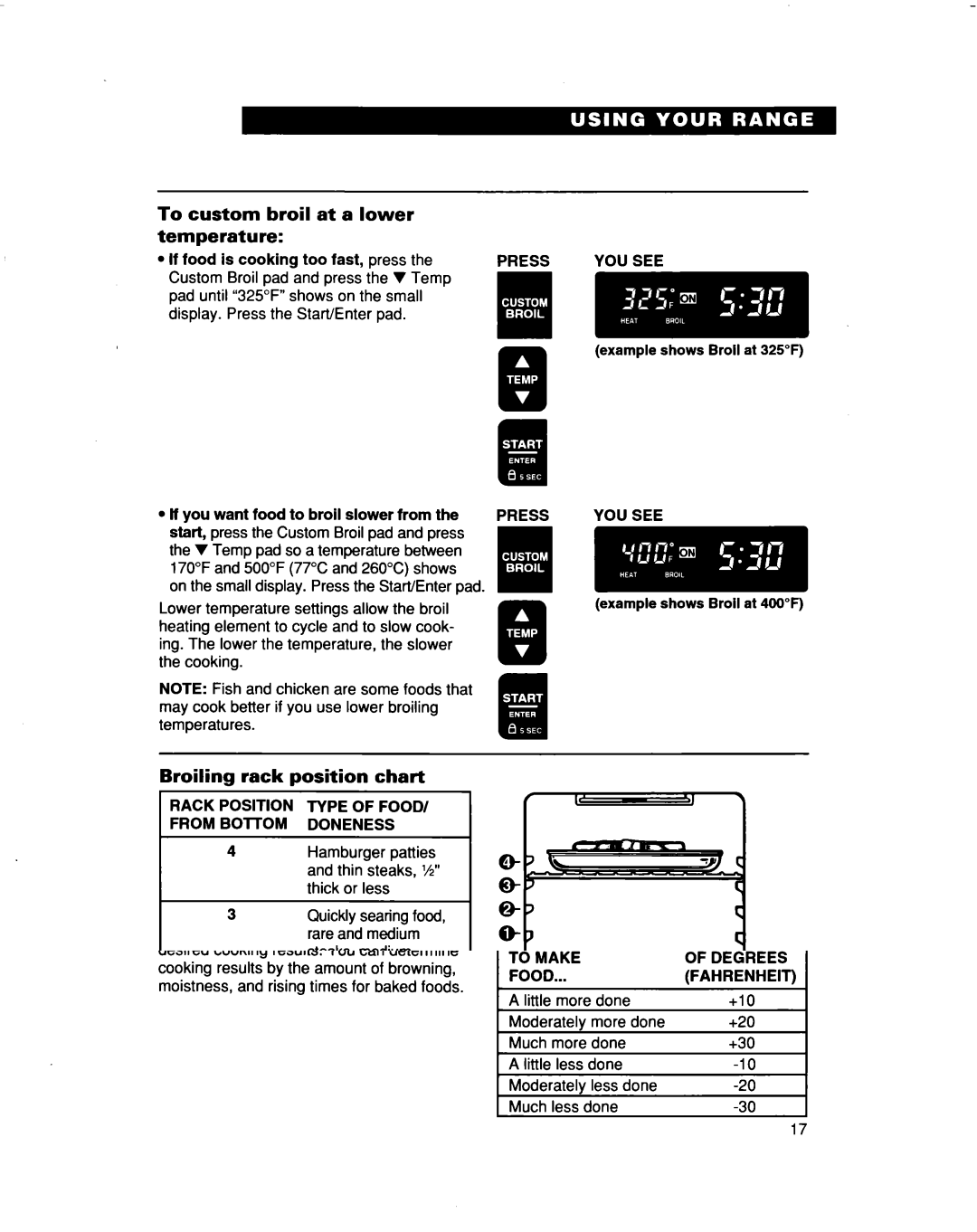 Whirlpool RF376PXD warranty To custom broil at a lower temperature, Broiling rack position chart, Type of FOOD/ Doneness 