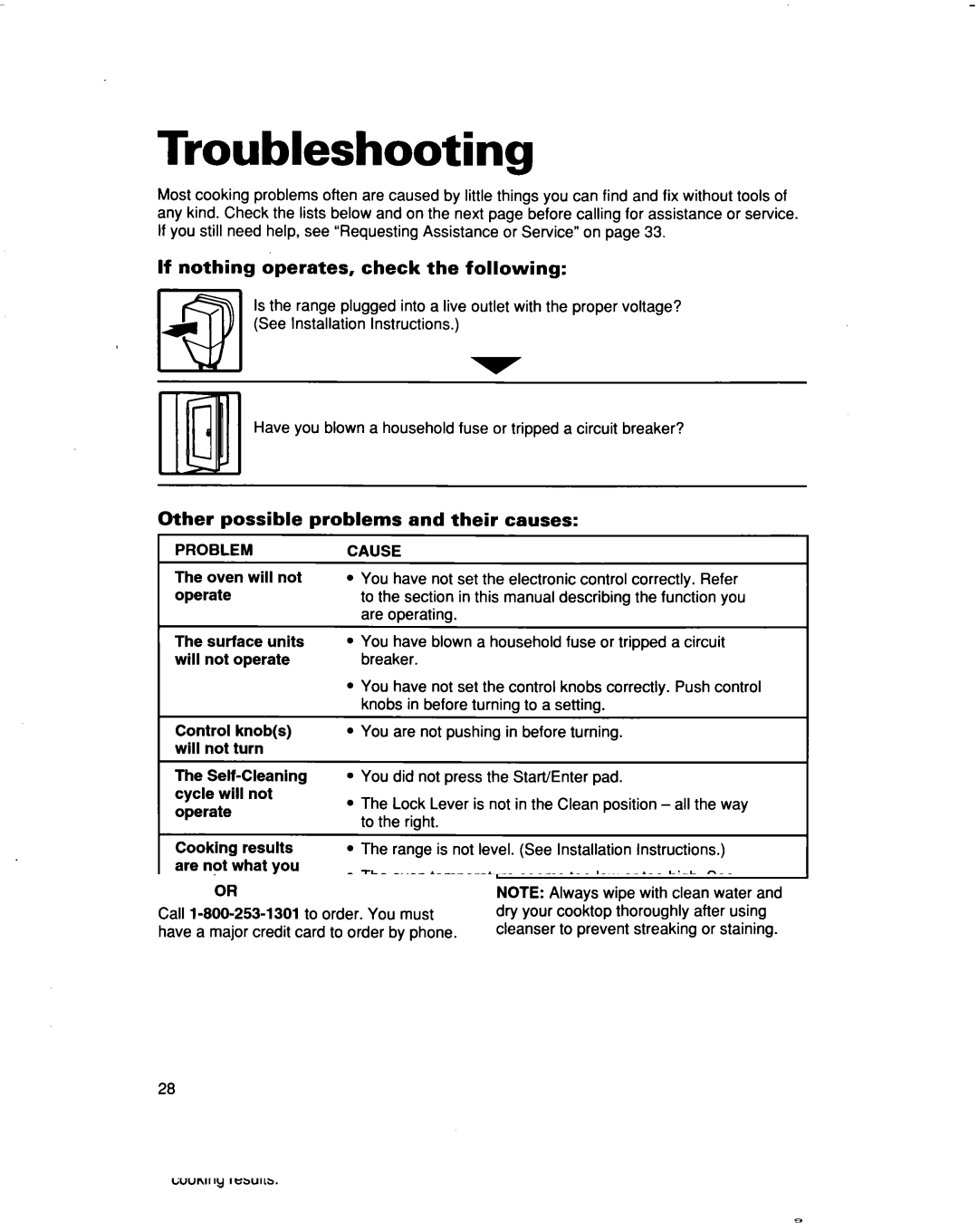 Whirlpool RF376PXD Troubleshooting, If nothing operates, check the following, Other possible, Problems and their causes 