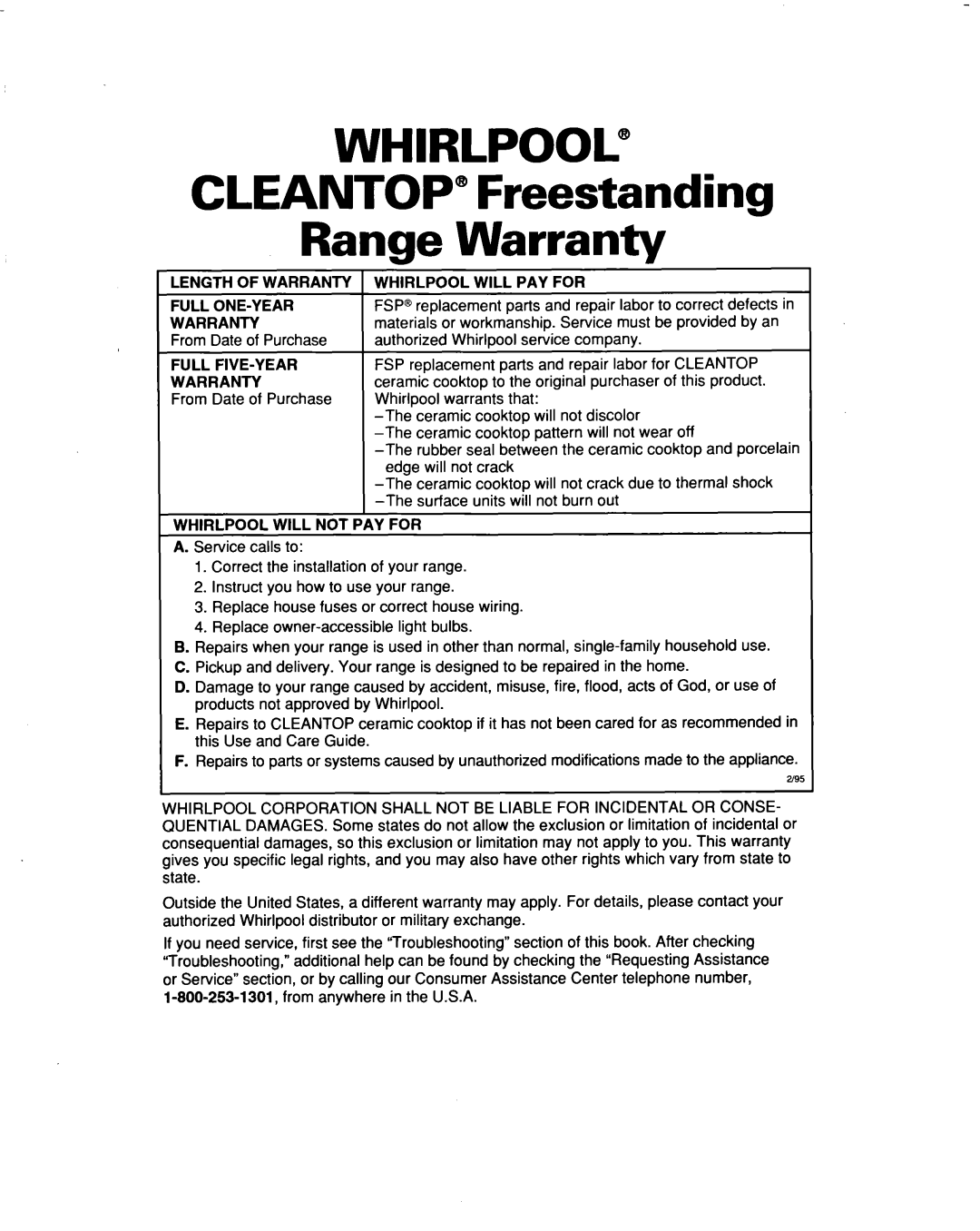 Whirlpool RF376PXD warranty Cleantop Freestanding Range Warranty, Length of Warranty 1 Whirlpool will PAY for Full ONE-YEAR 