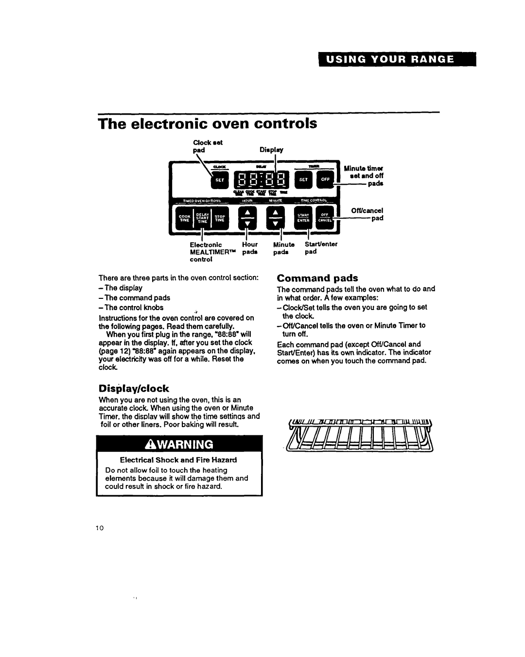 Whirlpool RF376PXY warranty Electronic oven controls, Command pads, Display/clock, Clock set 