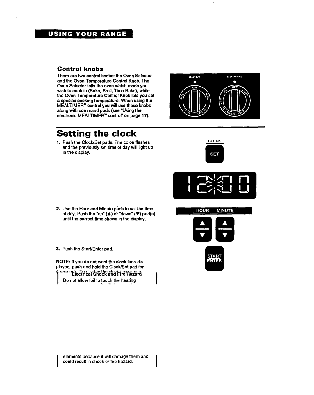 Whirlpool RF376PXY warranty Setting the clock, Control knobs, Push the Start/Enter pad 