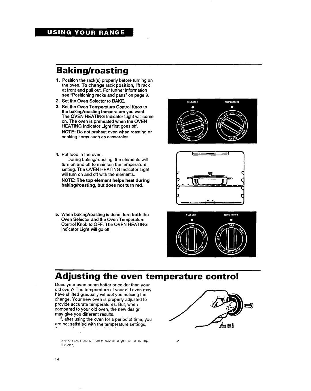 Whirlpool RF376PXY warranty Baking/roasting, Adjusting the oven temperature control 